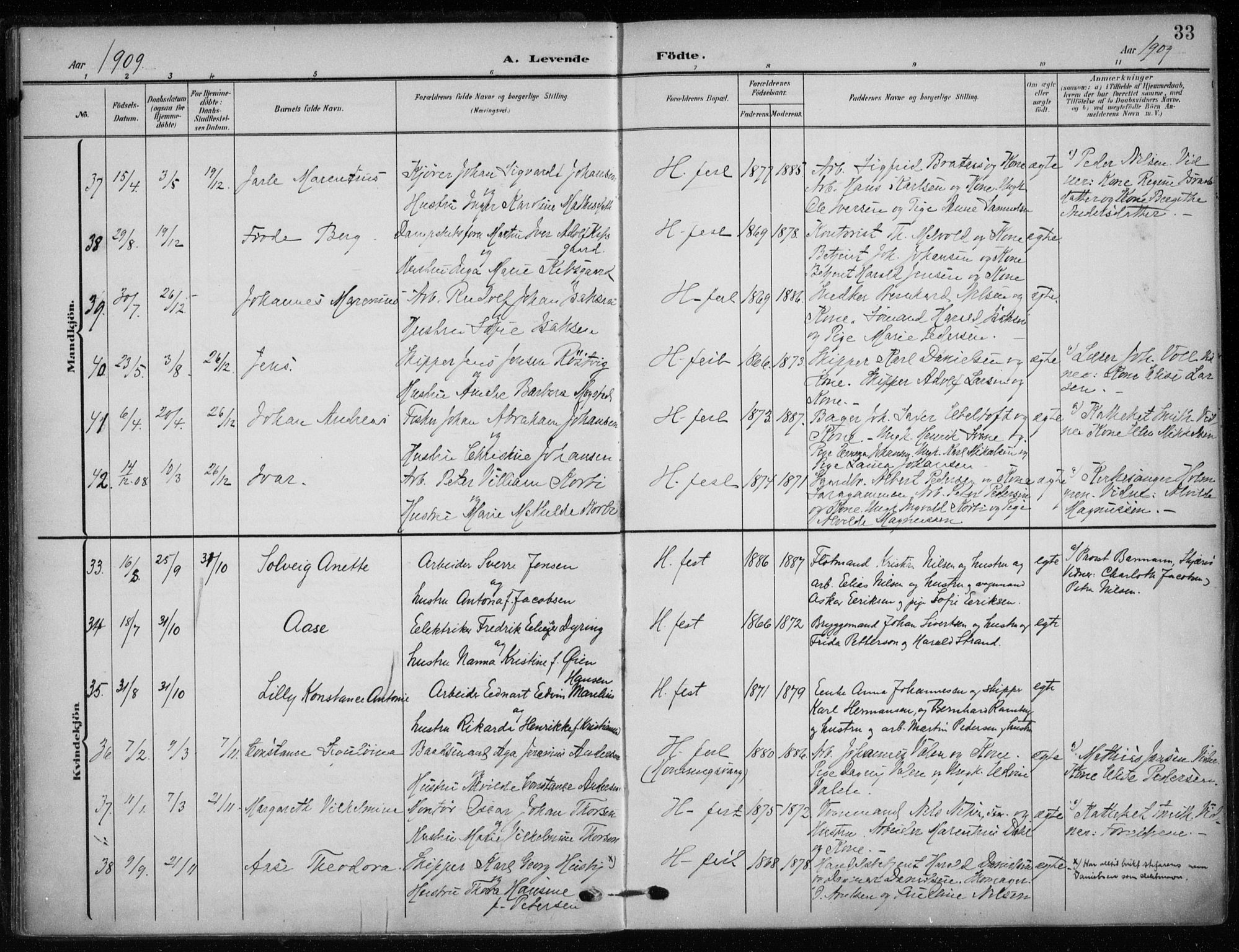 Hammerfest sokneprestkontor, AV/SATØ-S-1347/H/Ha/L0014.kirke: Parish register (official) no. 14, 1906-1916, p. 33