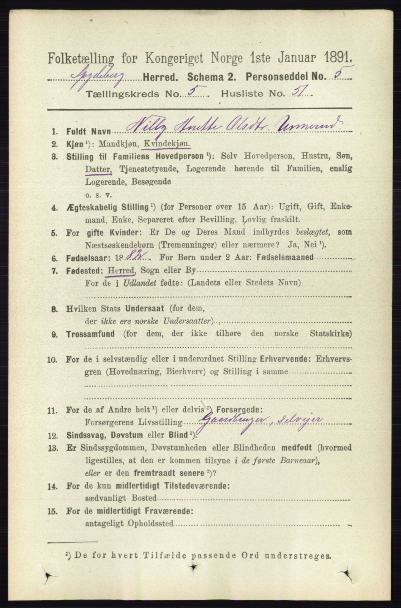 RA, 1891 census for 0123 Spydeberg, 1891, p. 2634