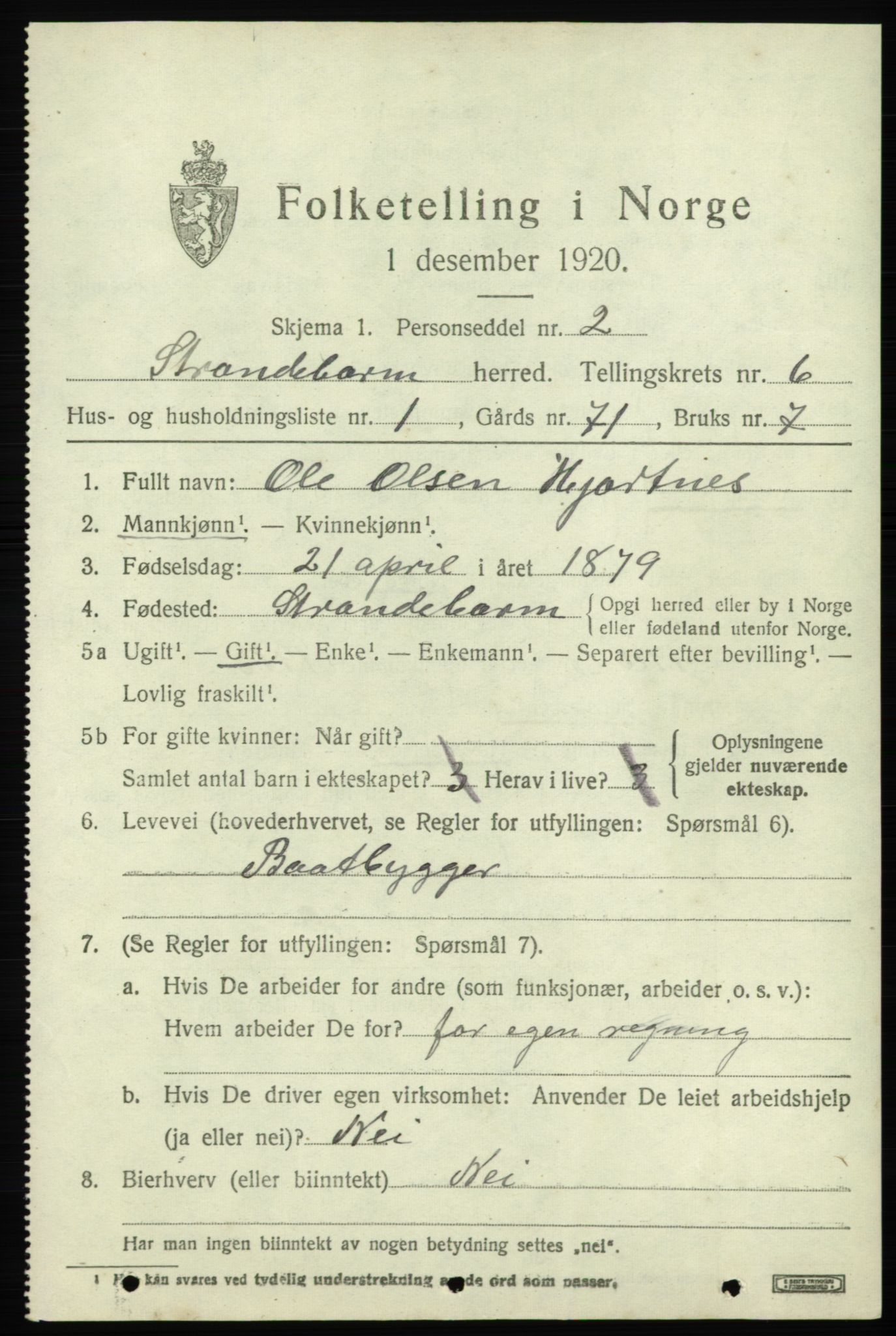 SAB, 1920 census for Strandebarm, 1920, p. 3948