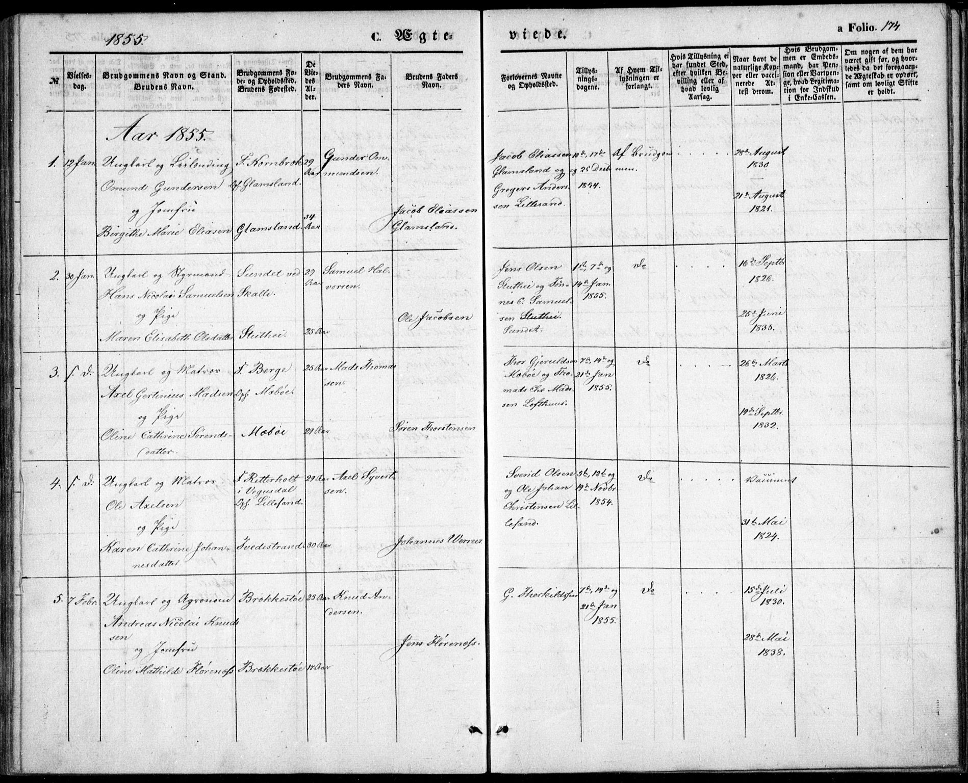 Vestre Moland sokneprestkontor, SAK/1111-0046/F/Fb/Fbb/L0003: Parish register (copy) no. B 3, 1851-1861, p. 174