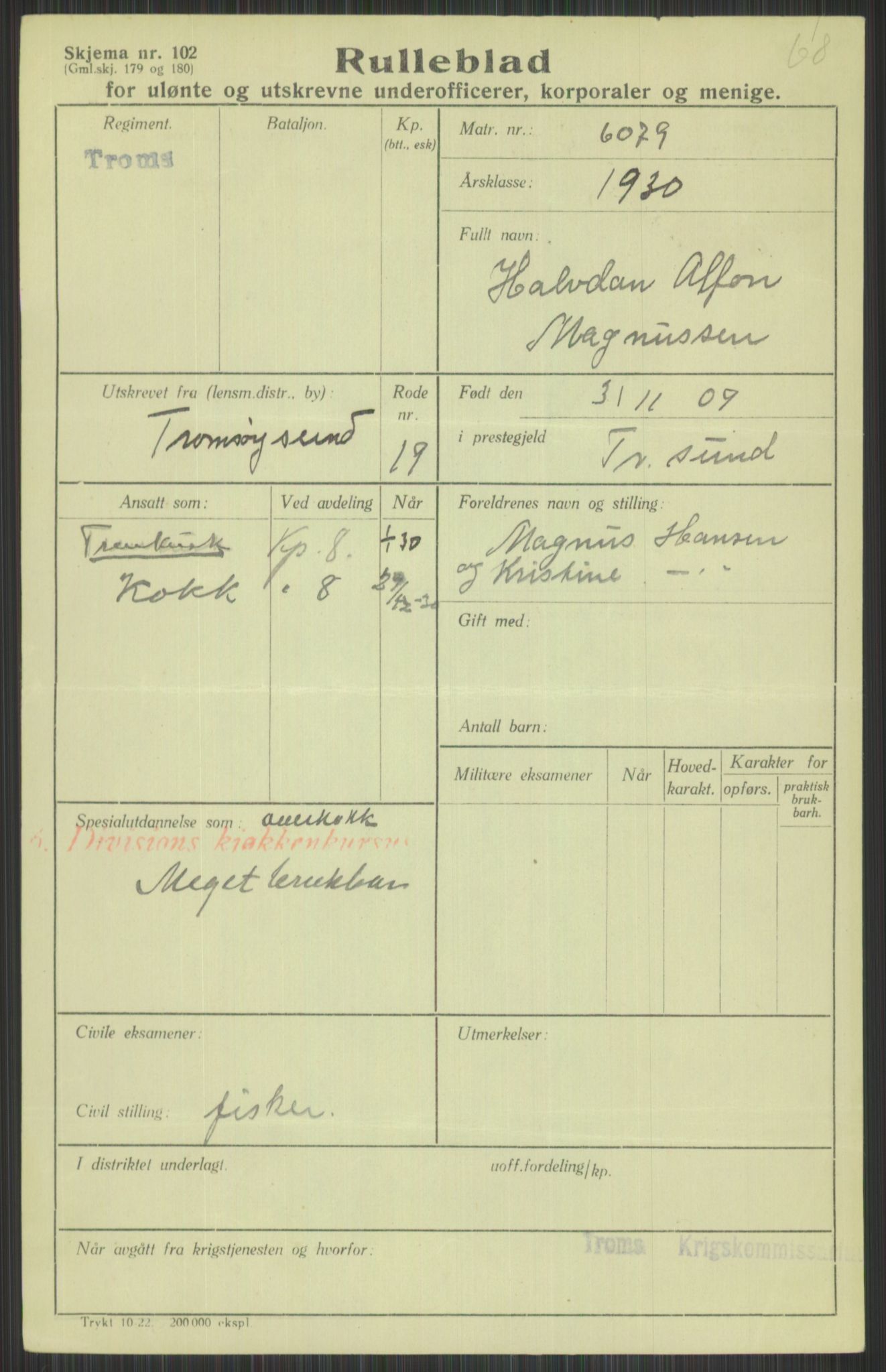 Forsvaret, Troms infanteriregiment nr. 16, AV/RA-RAFA-3146/P/Pa/L0014: Rulleblad for regimentets menige mannskaper, årsklasse 1930, 1930, p. 601