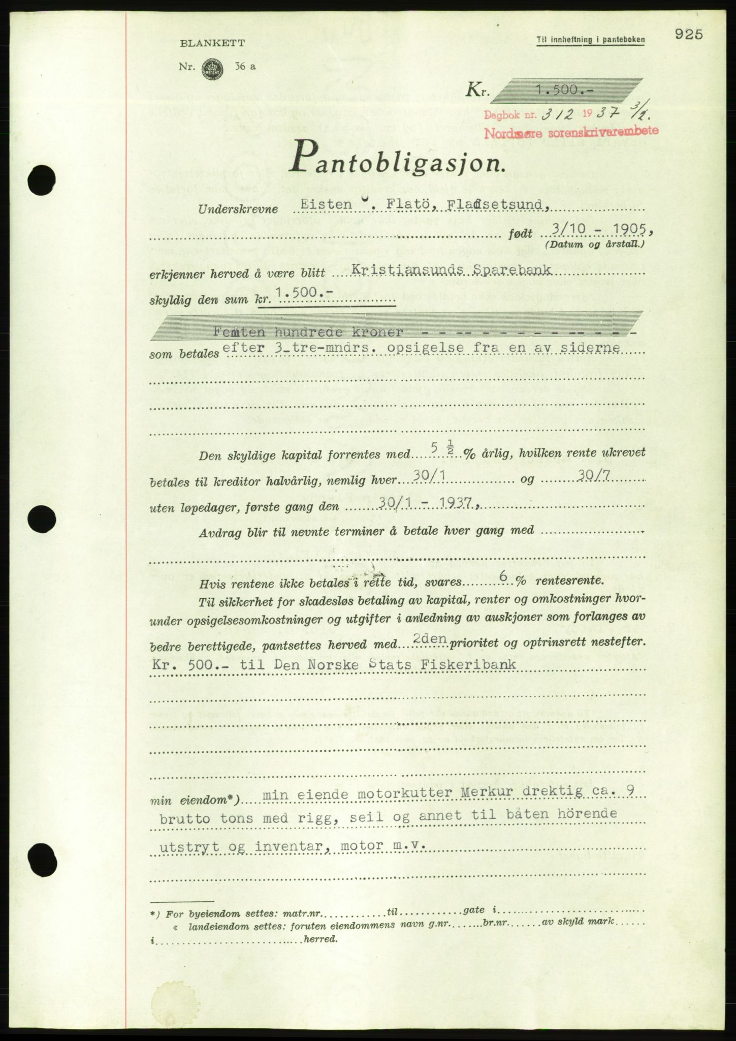 Nordmøre sorenskriveri, AV/SAT-A-4132/1/2/2Ca/L0090: Mortgage book no. B80, 1936-1937, Diary no: : 312/1937