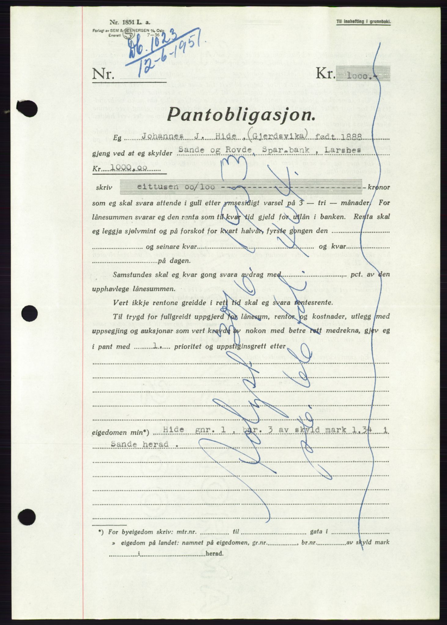 Søre Sunnmøre sorenskriveri, AV/SAT-A-4122/1/2/2C/L0120: Mortgage book no. 8B, 1951-1951, Diary no: : 1023/1951