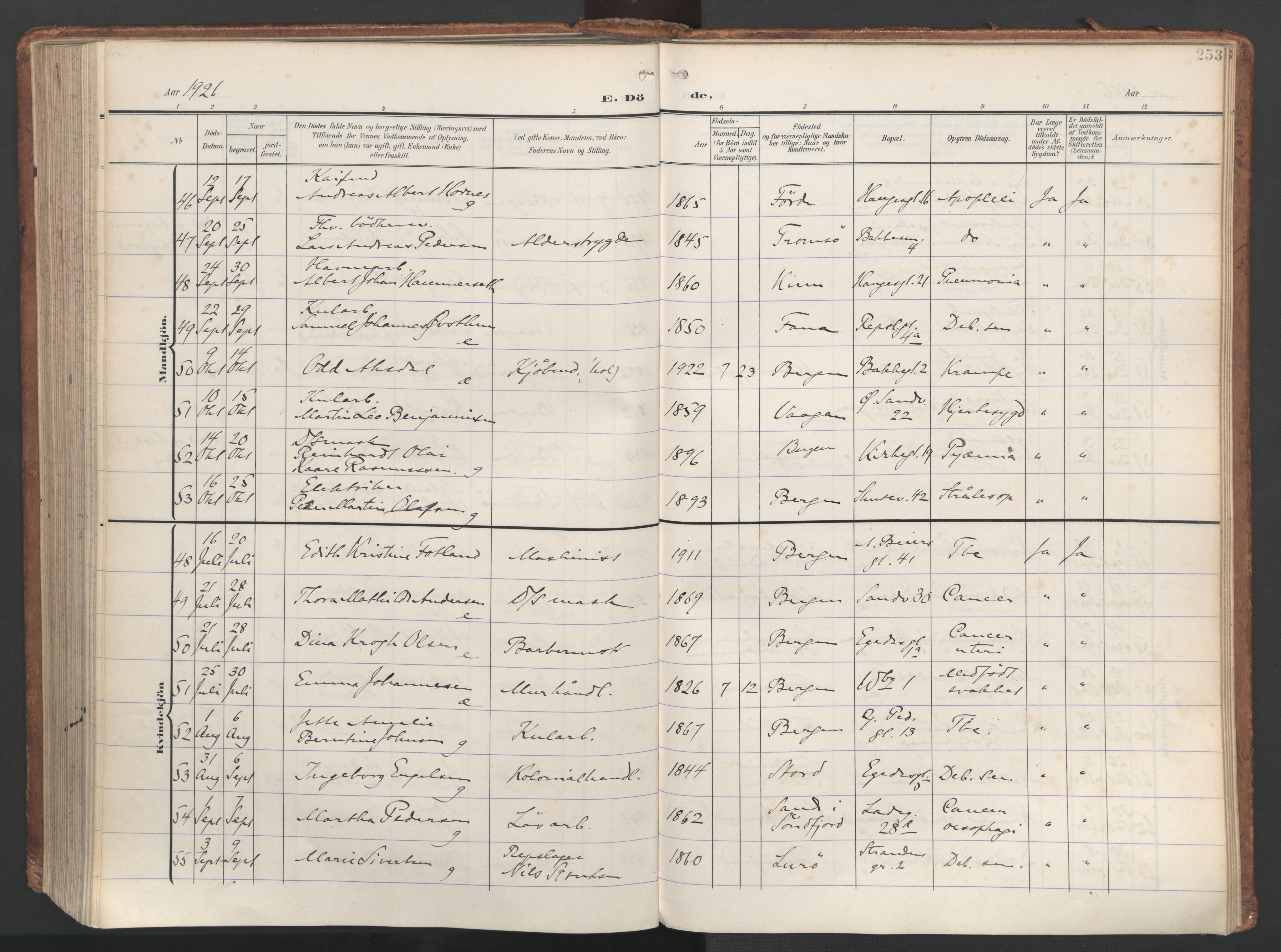 Sandviken Sokneprestembete, AV/SAB-A-77601/H/Ha/L0019: Parish register (official) no. E 2, 1905-1933, p. 253