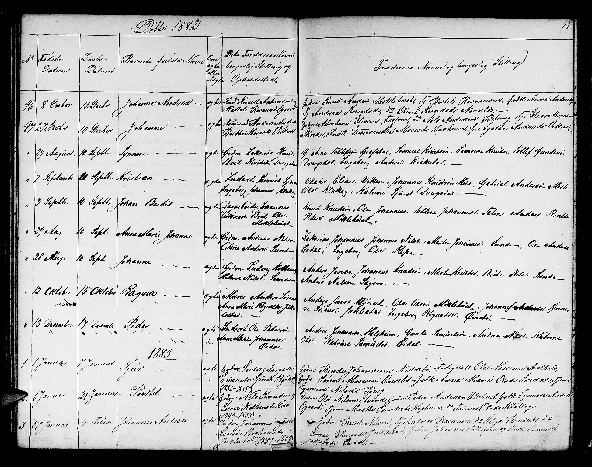 Jølster sokneprestembete, SAB/A-80701/H/Hab/Habb/L0001: Parish register (copy) no. B 1, 1853-1887, p. 77