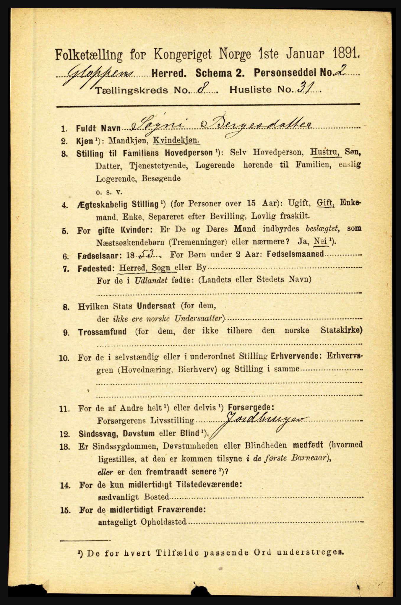 RA, 1891 census for 1445 Gloppen, 1891, p. 3353