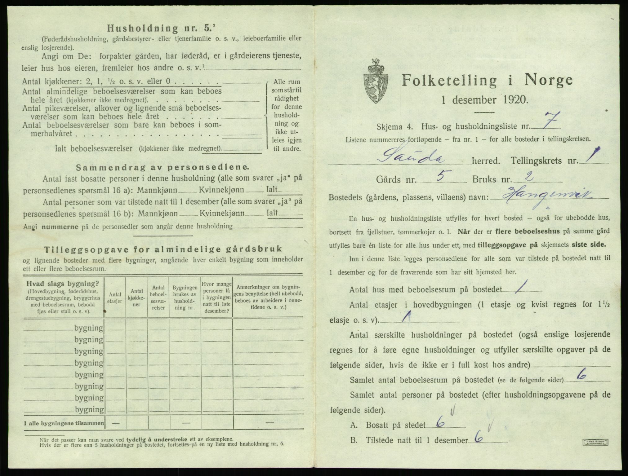 SAST, 1920 census for Sauda, 1920, p. 52