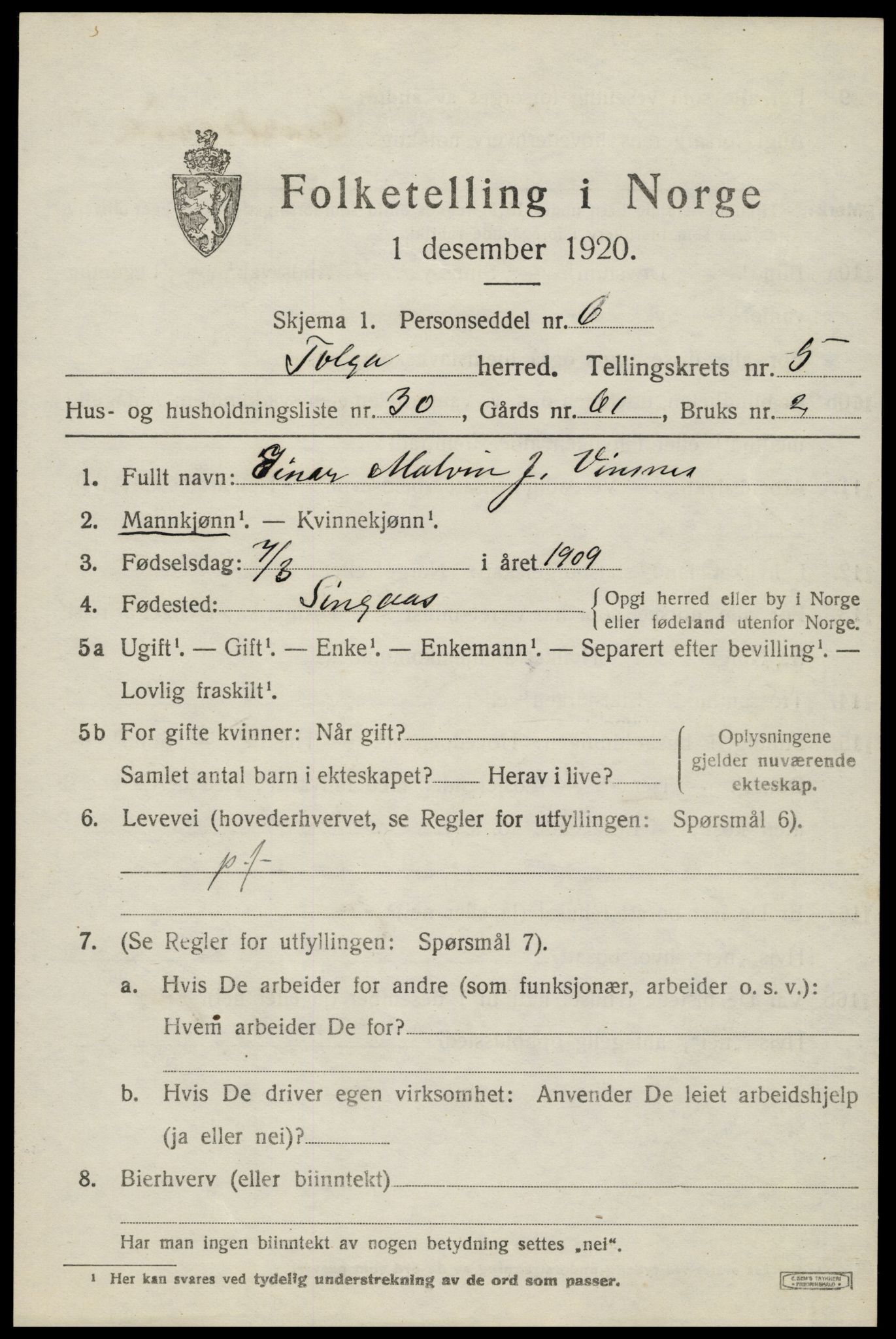 SAH, 1920 census for Tolga, 1920, p. 3625