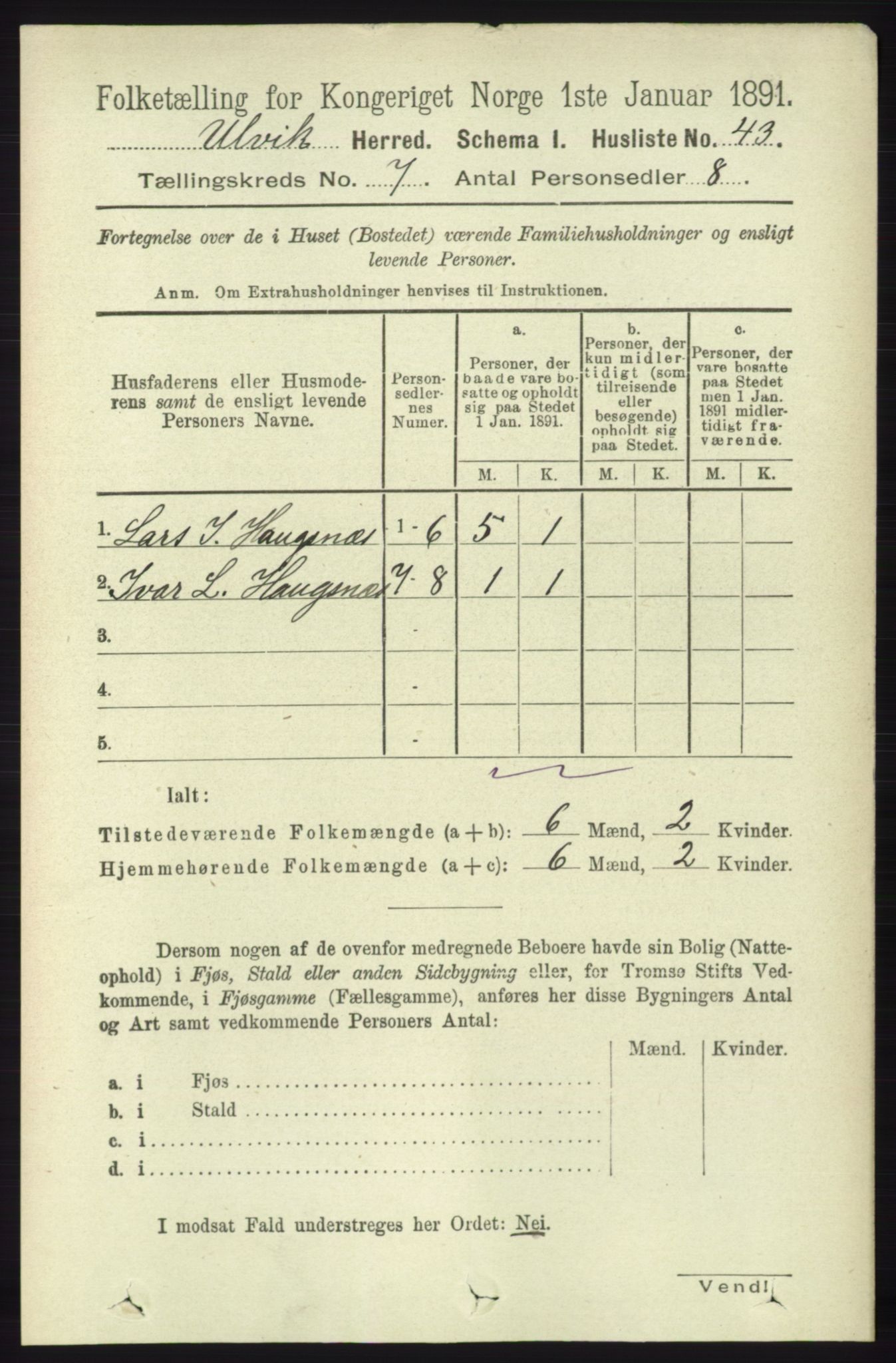 RA, 1891 census for 1233 Ulvik, 1891, p. 2267