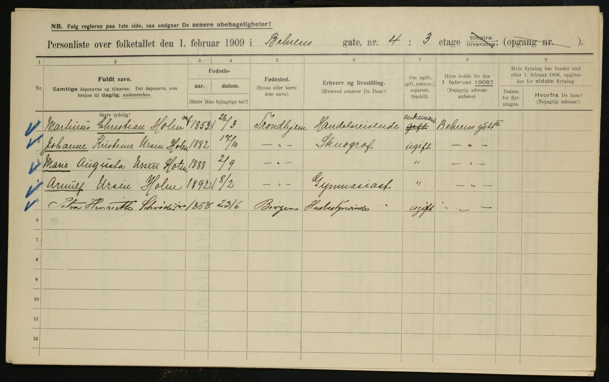 OBA, Municipal Census 1909 for Kristiania, 1909, p. 3143