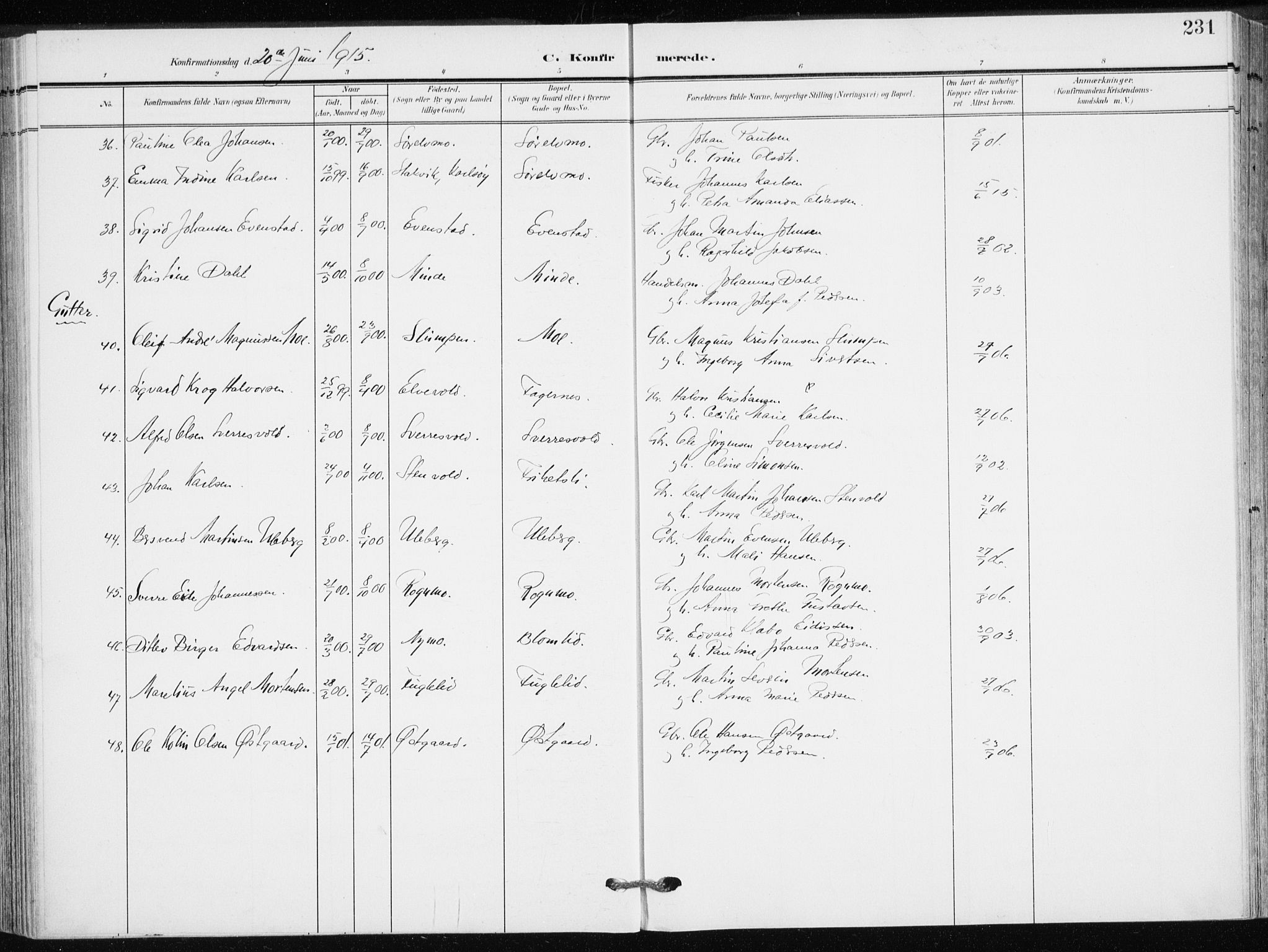 Målselv sokneprestembete, AV/SATØ-S-1311/G/Ga/Gaa/L0011kirke: Parish register (official) no. 11, 1904-1918, p. 231