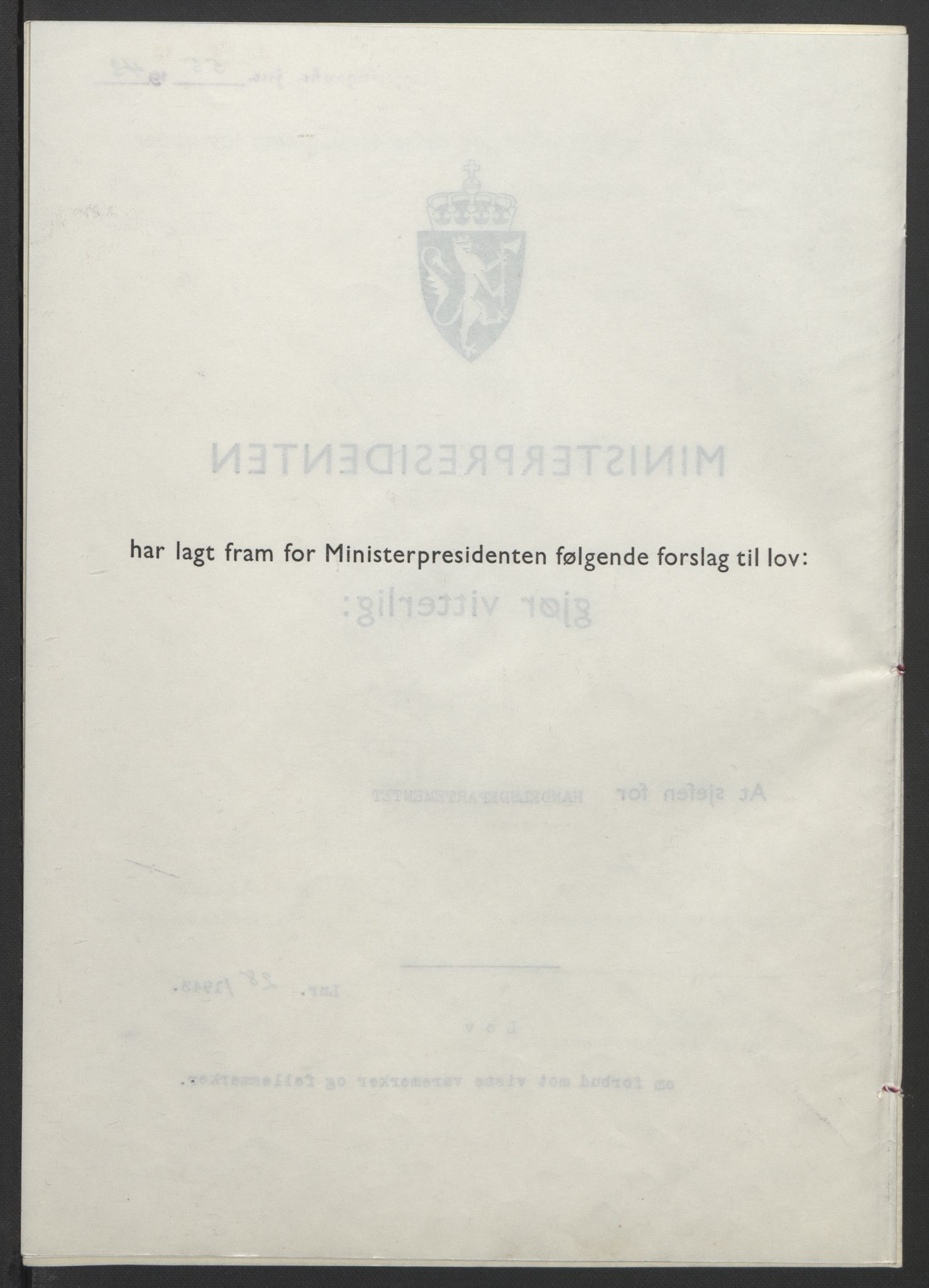 NS-administrasjonen 1940-1945 (Statsrådsekretariatet, de kommisariske statsråder mm), RA/S-4279/D/Db/L0099: Lover, 1943, p. 115