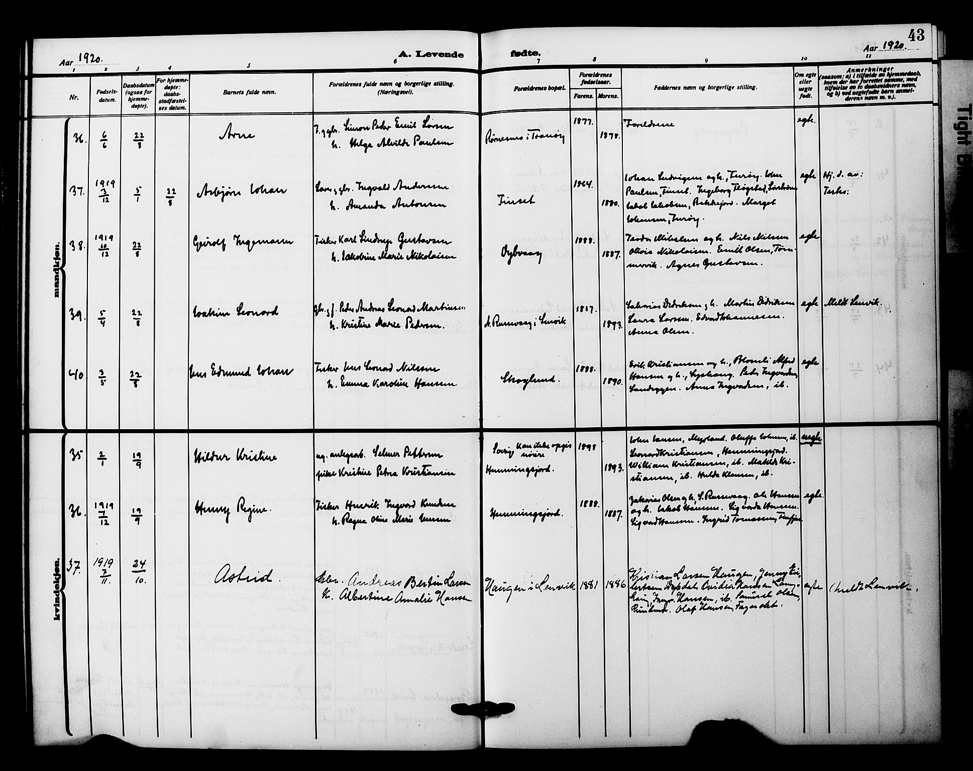 Tranøy sokneprestkontor, AV/SATØ-S-1313/I/Ia/Iab/L0023klokker: Parish register (copy) no. 23, 1913-1928, p. 43