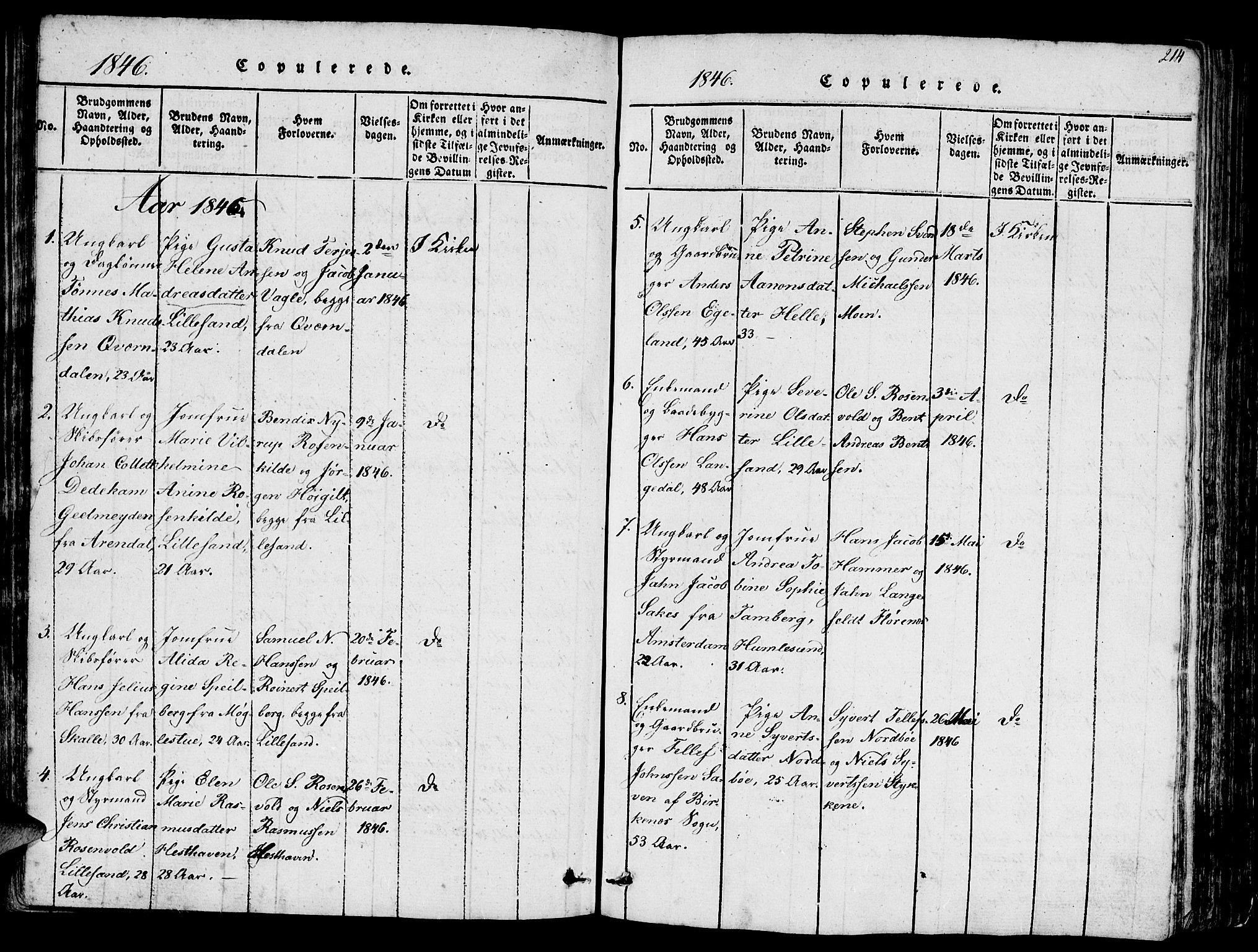Vestre Moland sokneprestkontor, SAK/1111-0046/F/Fb/Fbb/L0001: Parish register (copy) no. B 1, 1816-1851, p. 214