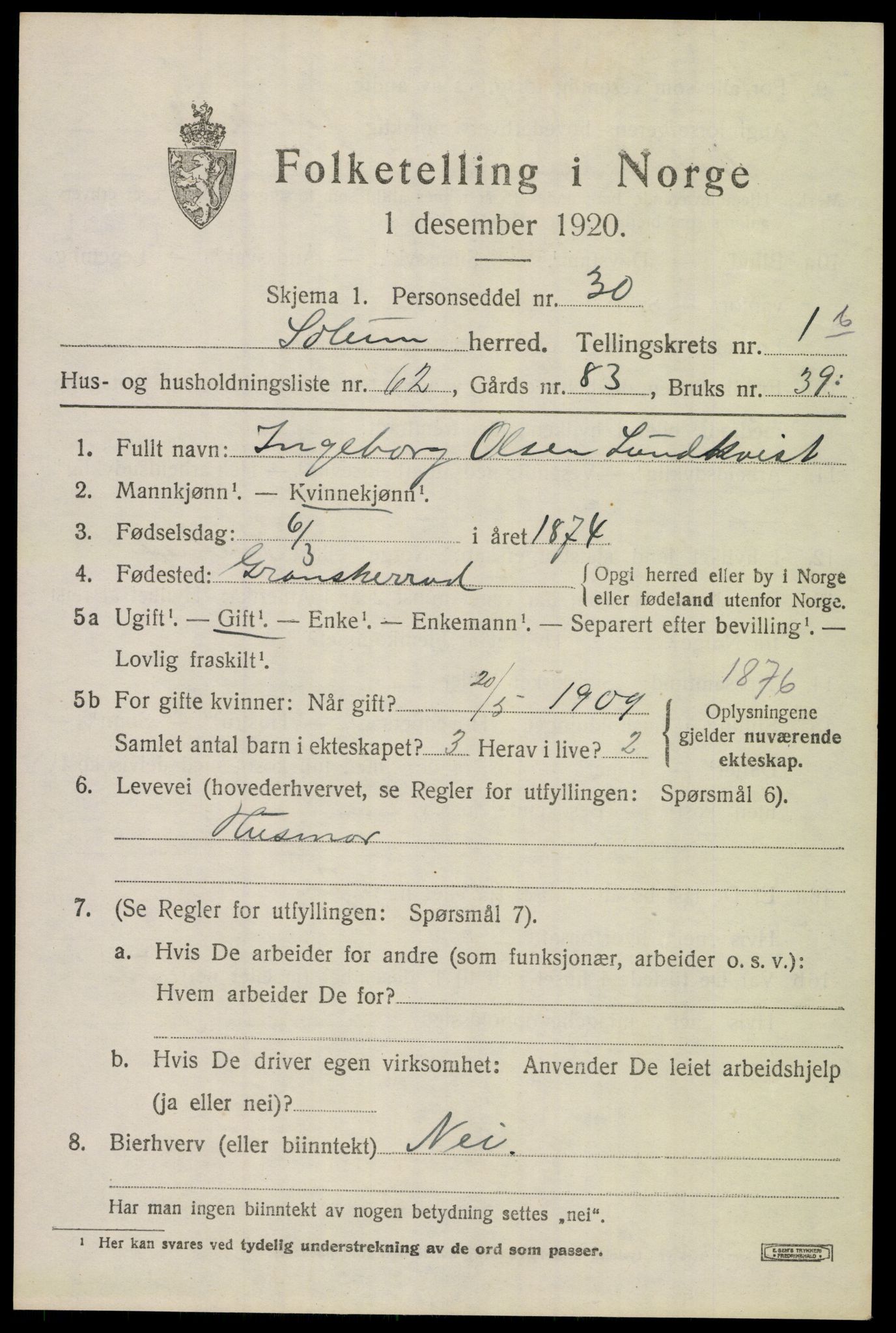 SAKO, 1920 census for Solum, 1920, p. 5600