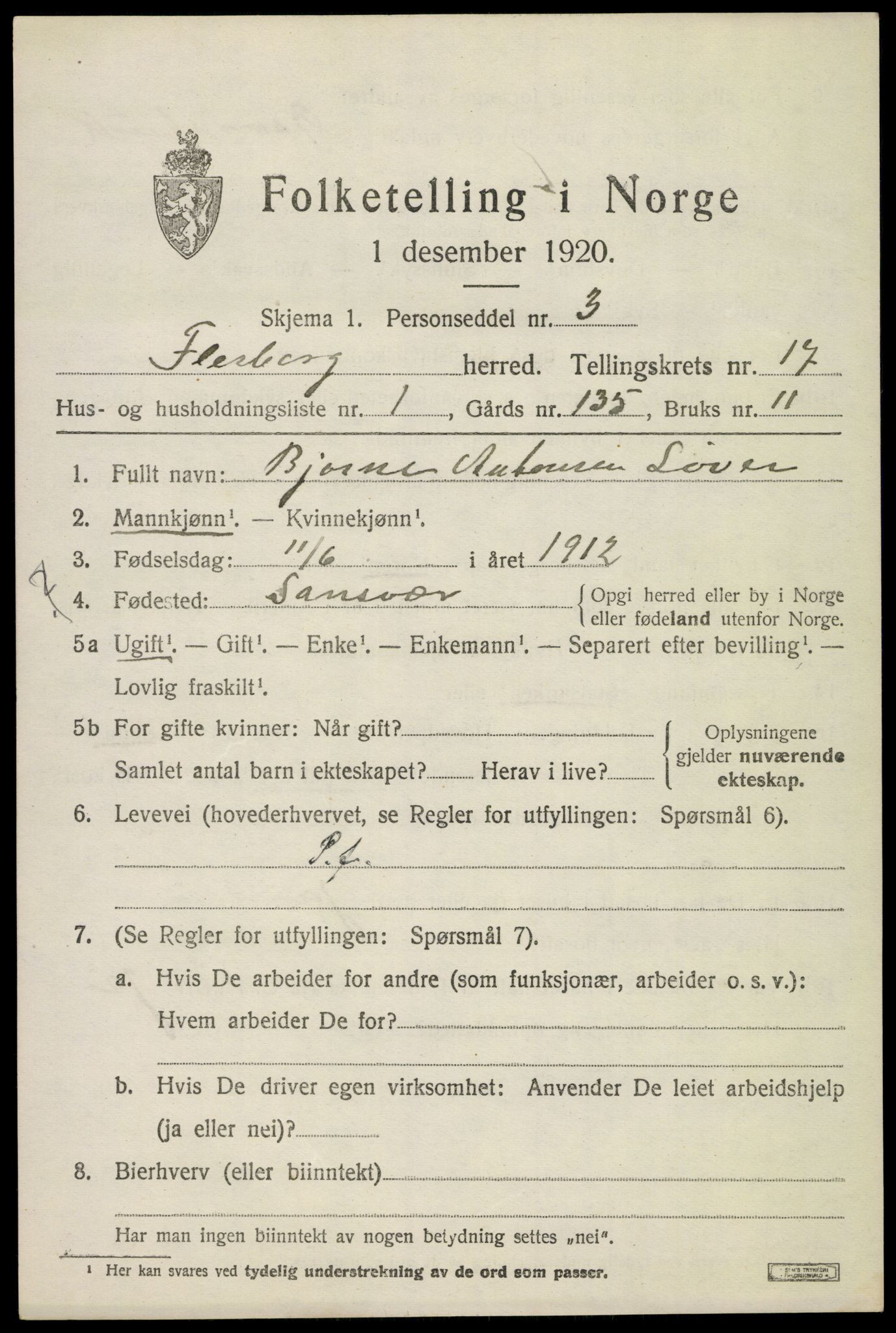 SAKO, 1920 census for Flesberg, 1920, p. 5173