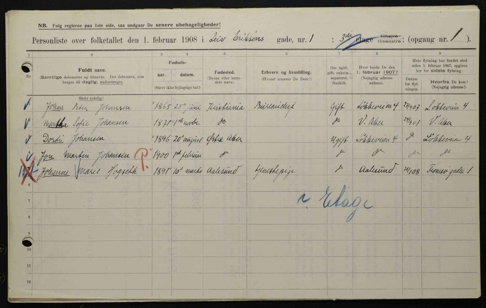 OBA, Municipal Census 1908 for Kristiania, 1908, p. 51523