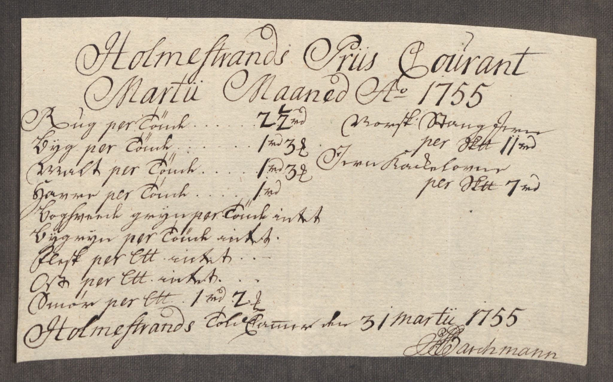 Rentekammeret inntil 1814, Realistisk ordnet avdeling, AV/RA-EA-4070/Oe/L0005: [Ø1]: Priskuranter, 1753-1757, p. 451