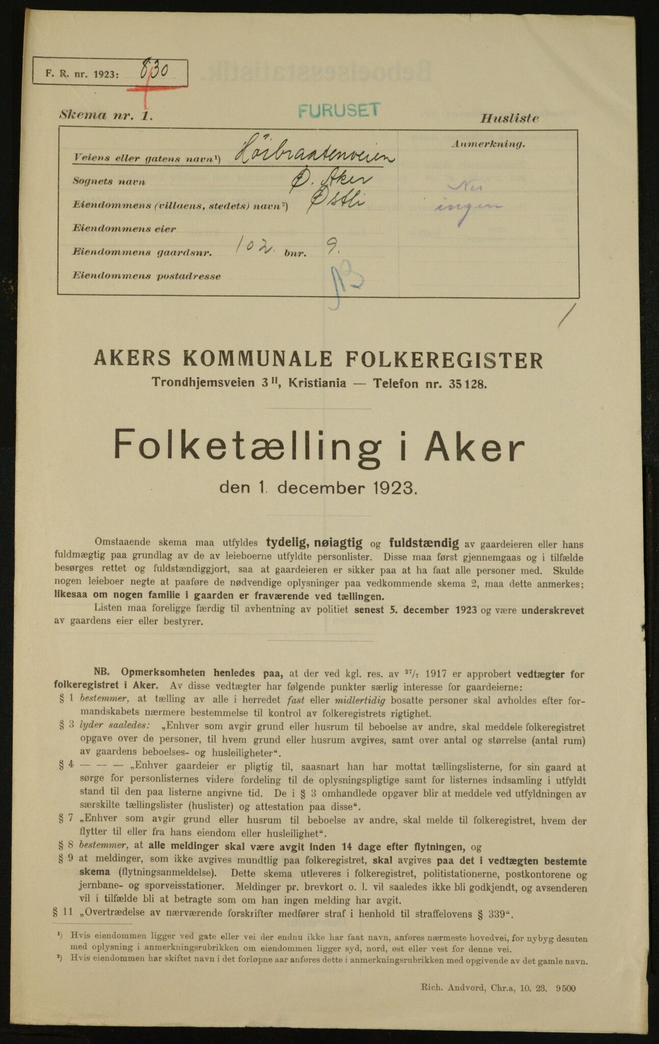 , Municipal Census 1923 for Aker, 1923, p. 27957