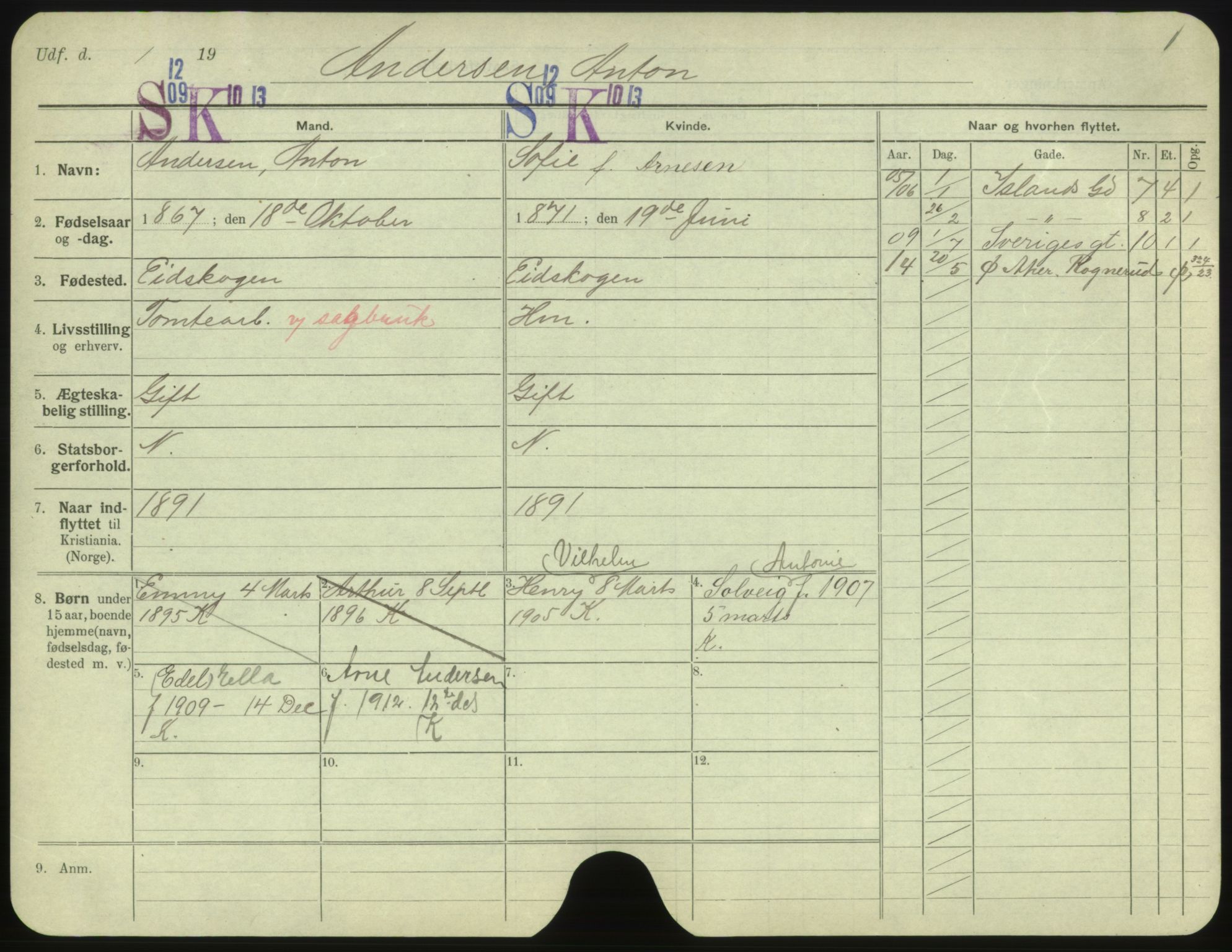 Oslo folkeregister, Registerkort, SAO/A-11715/F/Fa/Fac/L0001: Menn, 1906-1914, p. 176a