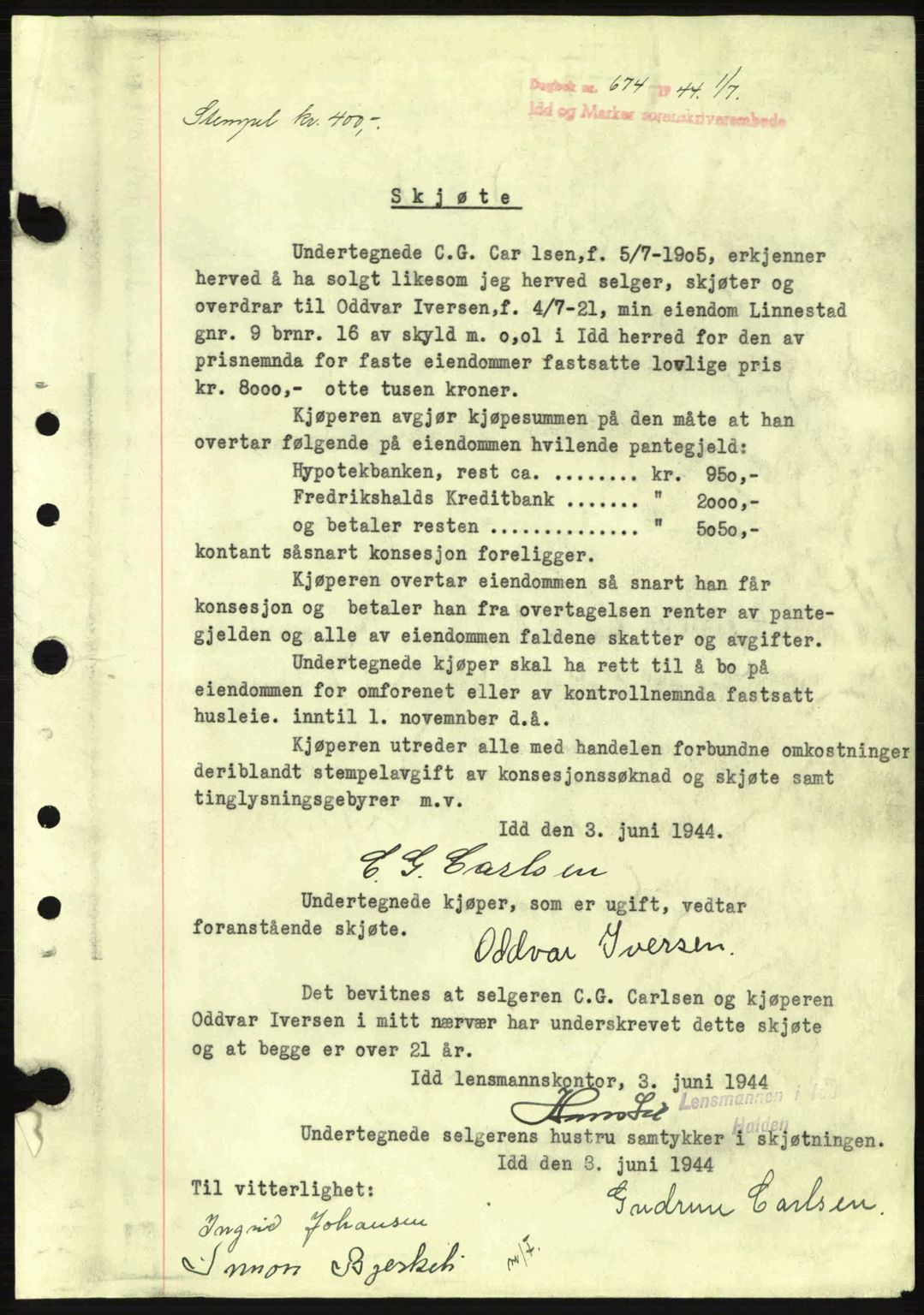 Idd og Marker sorenskriveri, AV/SAO-A-10283/G/Gb/Gbb/L0007: Mortgage book no. A7, 1944-1945, Diary no: : 674/1944