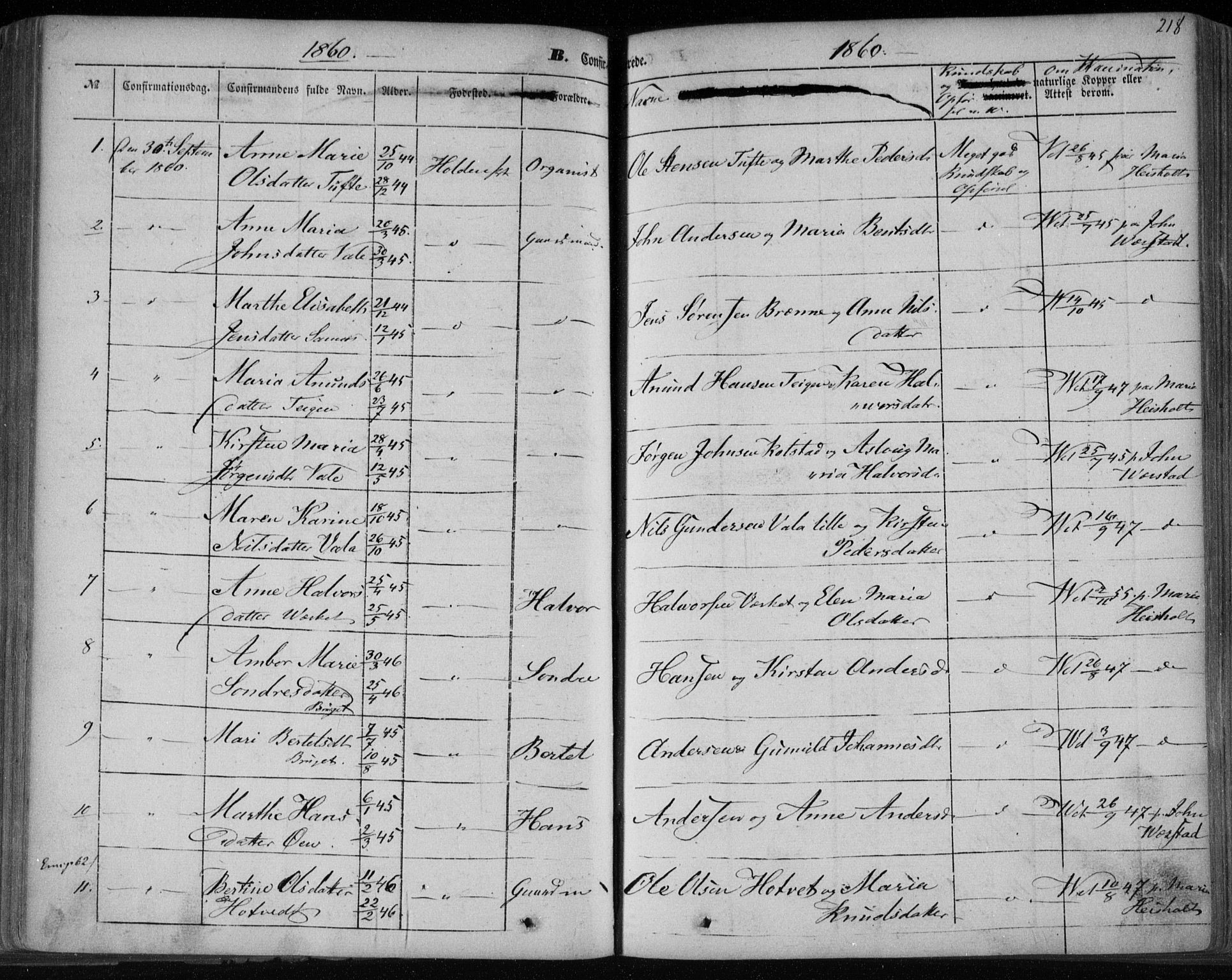 Holla kirkebøker, AV/SAKO-A-272/F/Fa/L0005: Parish register (official) no. 5, 1849-1860, p. 218