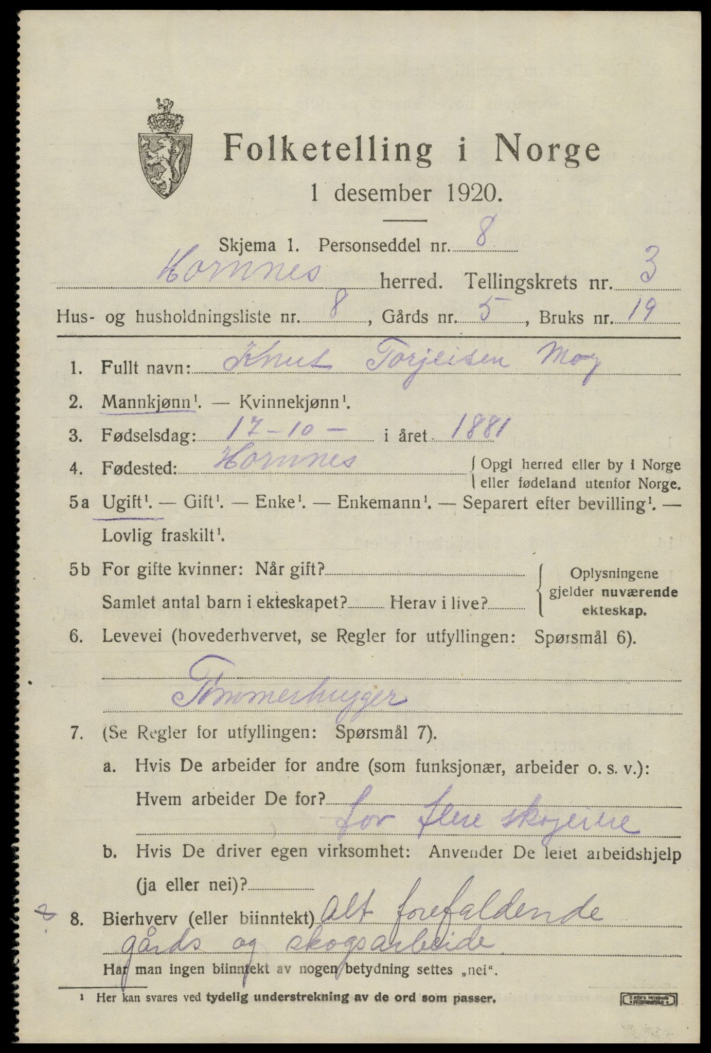 SAK, 1920 census for Hornnes, 1920, p. 893