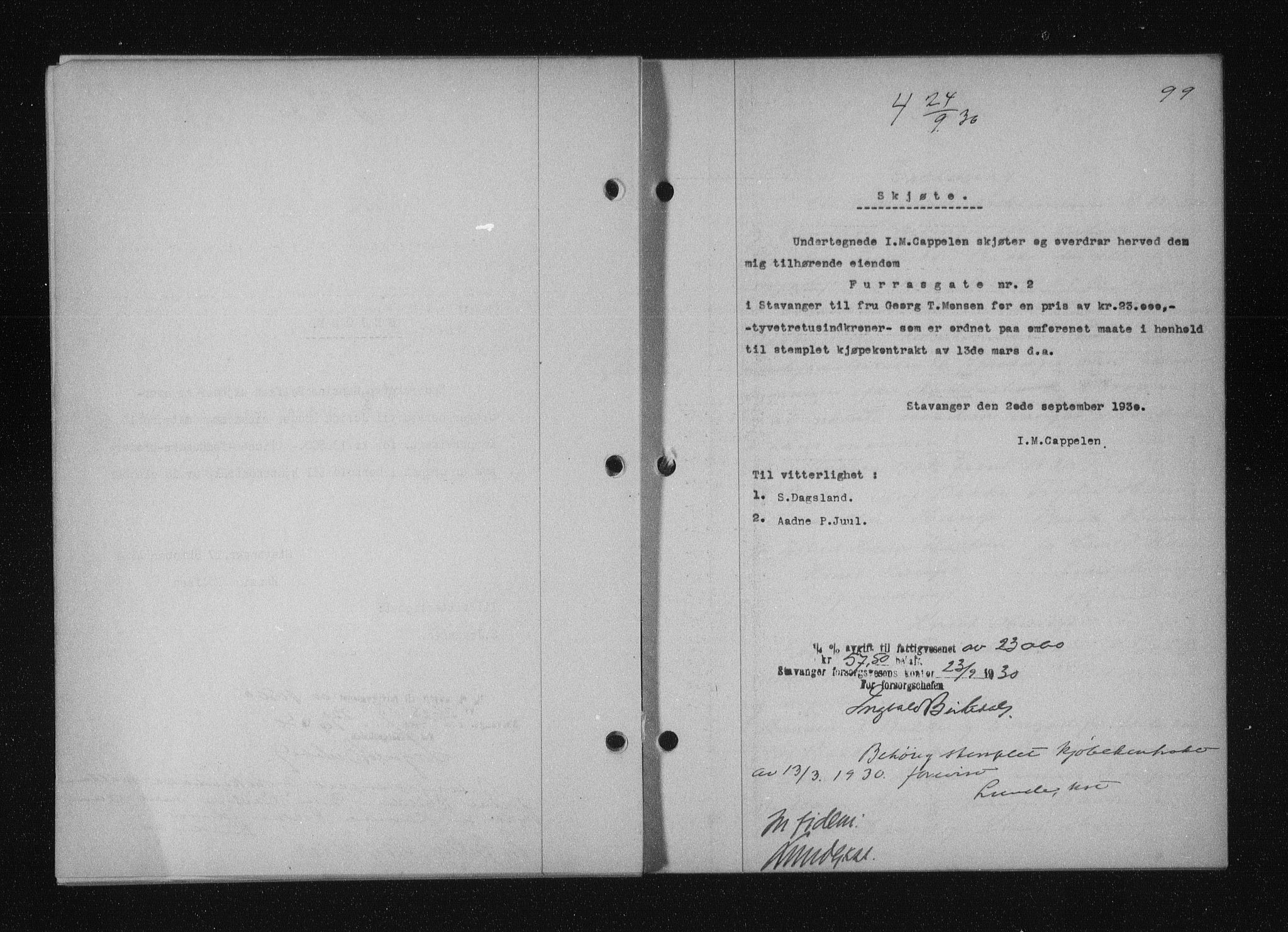Stavanger byfogd, SAST/A-101408/001/4/41/410/410BB/L0058: Mortgage book no. 48, 1930-1931, Deed date: 24.09.1930