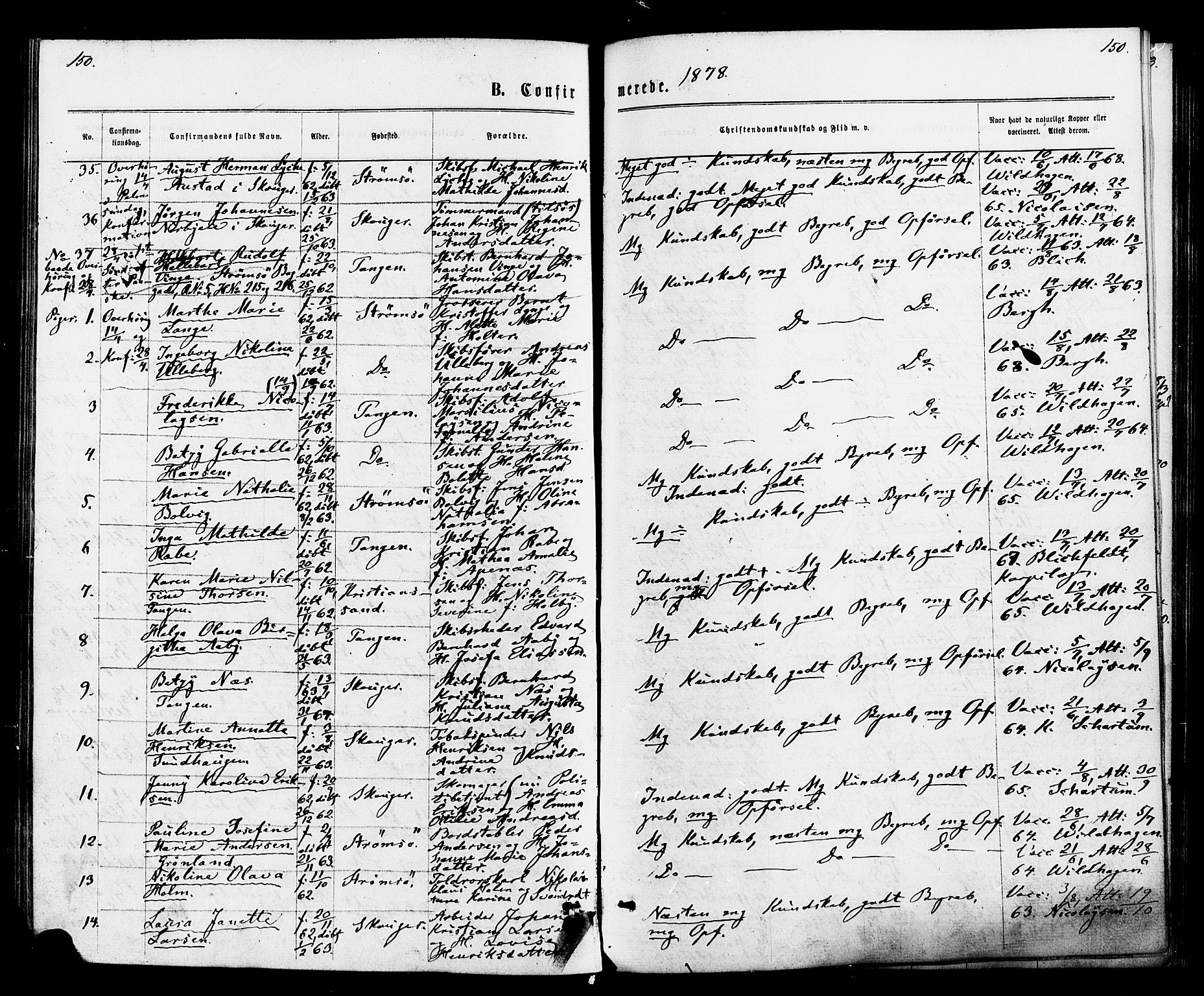 Strømsø kirkebøker, AV/SAKO-A-246/F/Fa/L0020: Parish register (official) no. I 20, 1870-1878, p. 150