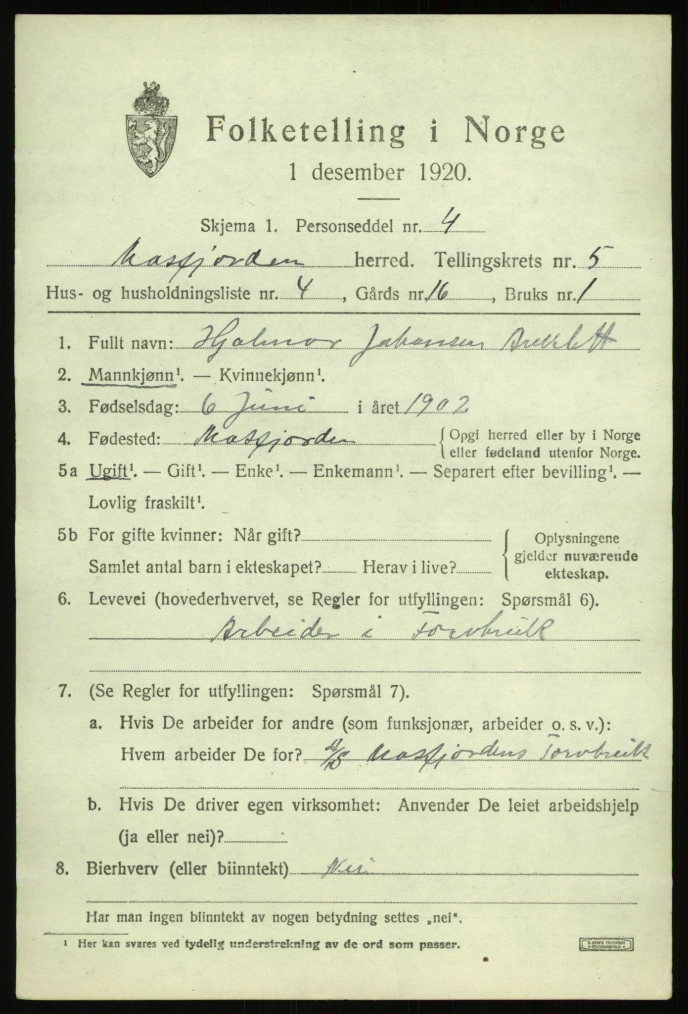 SAB, 1920 census for Masfjorden, 1920, p. 2141