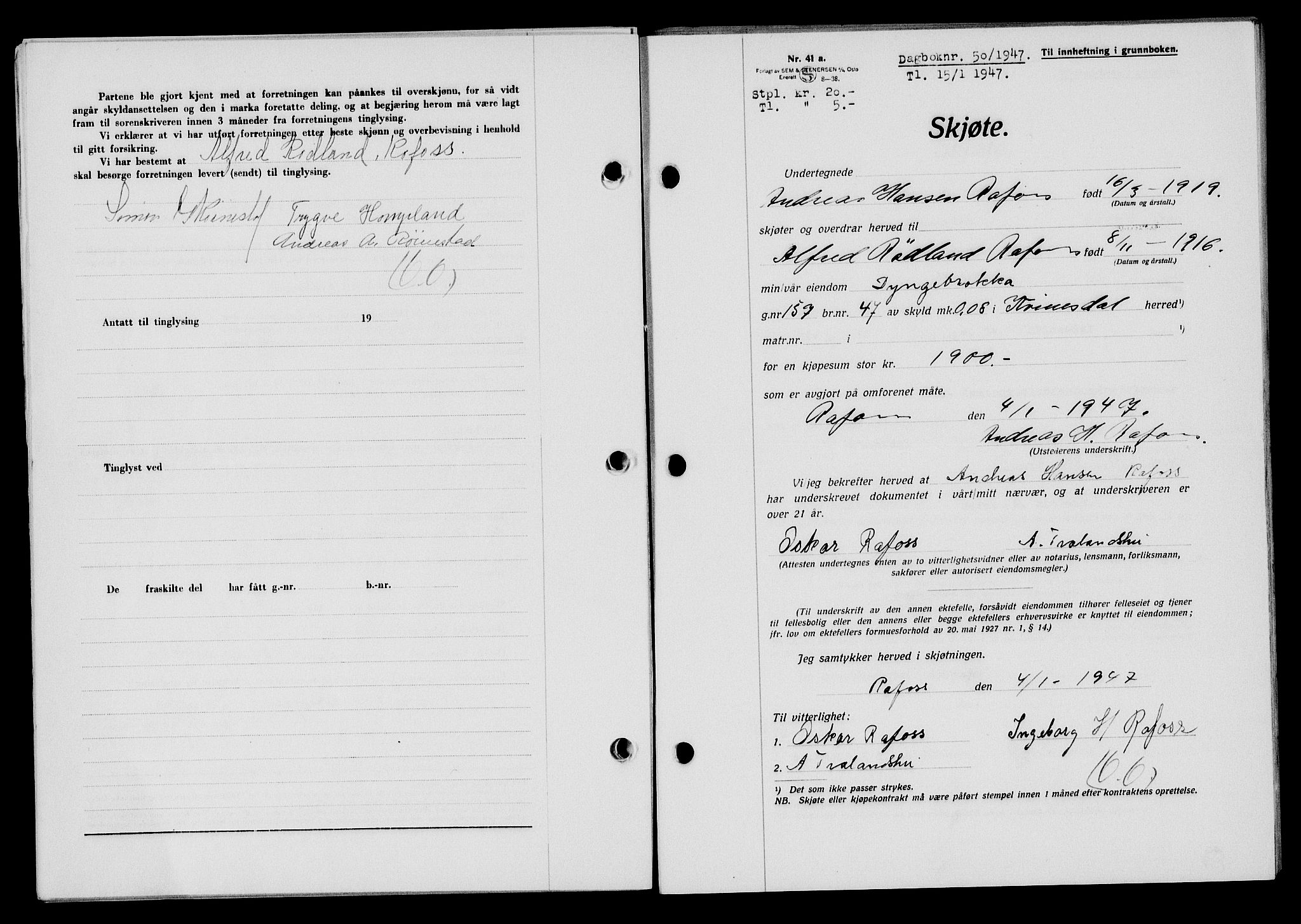 Flekkefjord sorenskriveri, SAK/1221-0001/G/Gb/Gba/L0061: Mortgage book no. A-9, 1946-1947, Diary no: : 50/1947