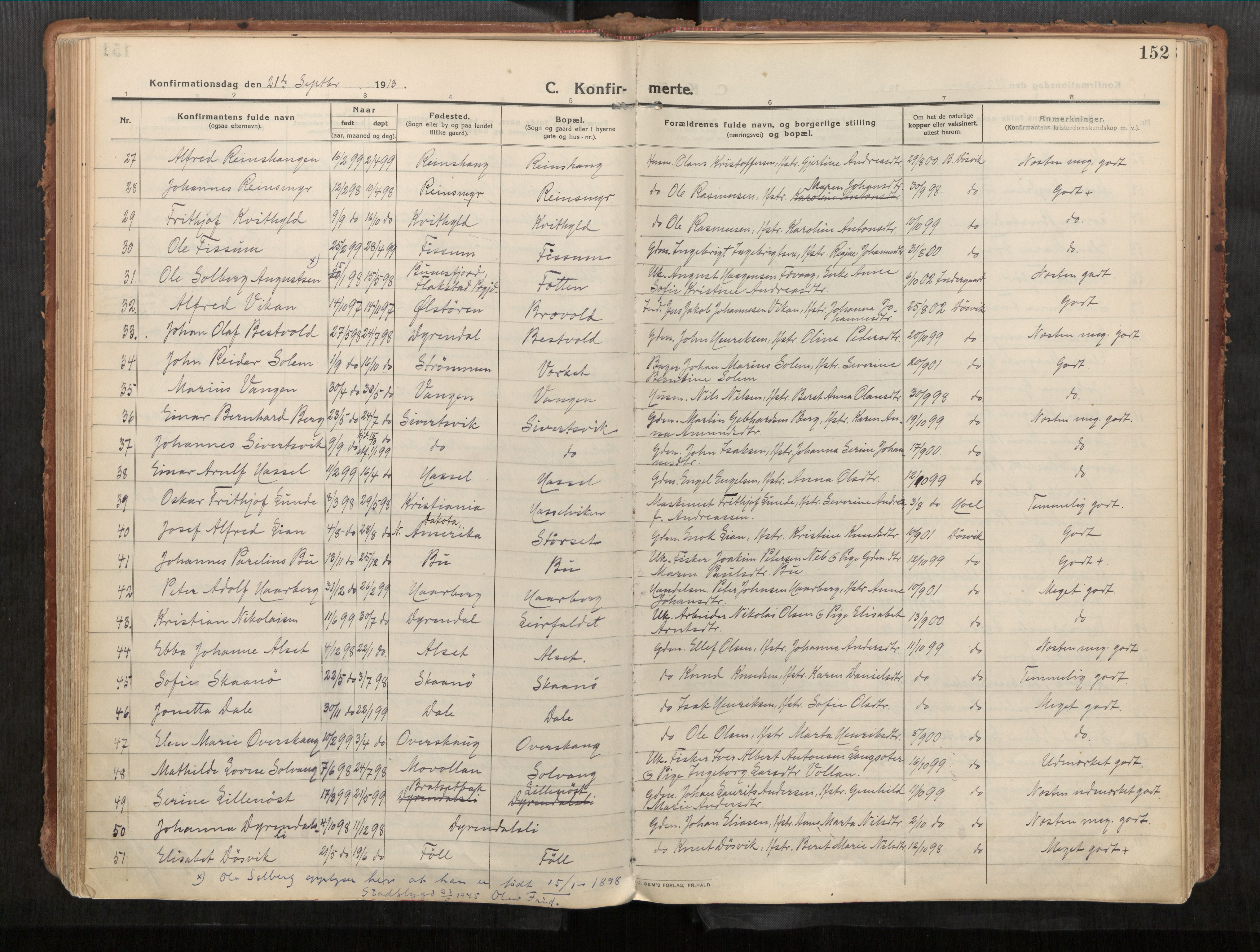 Stadsbygd sokneprestkontor, AV/SAT-A-1117/1/I/I1/I1a/L0001: Parish register (official) no. 1, 1911-1929, p. 152