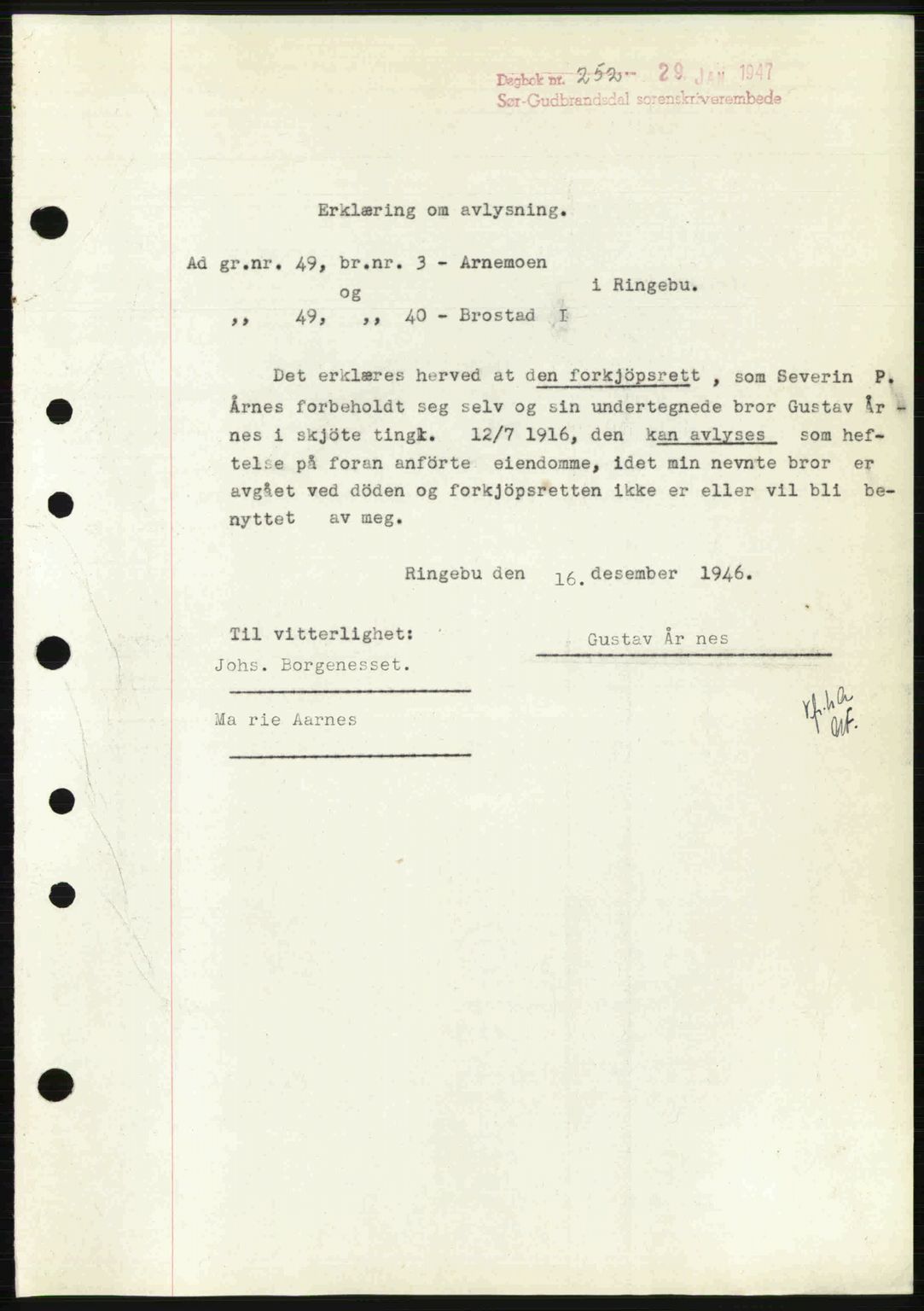 Sør-Gudbrandsdal tingrett, SAH/TING-004/H/Hb/Hbf/L0002: Mortgage book no. C1, 1938-1951, Diary no: : 252/1947