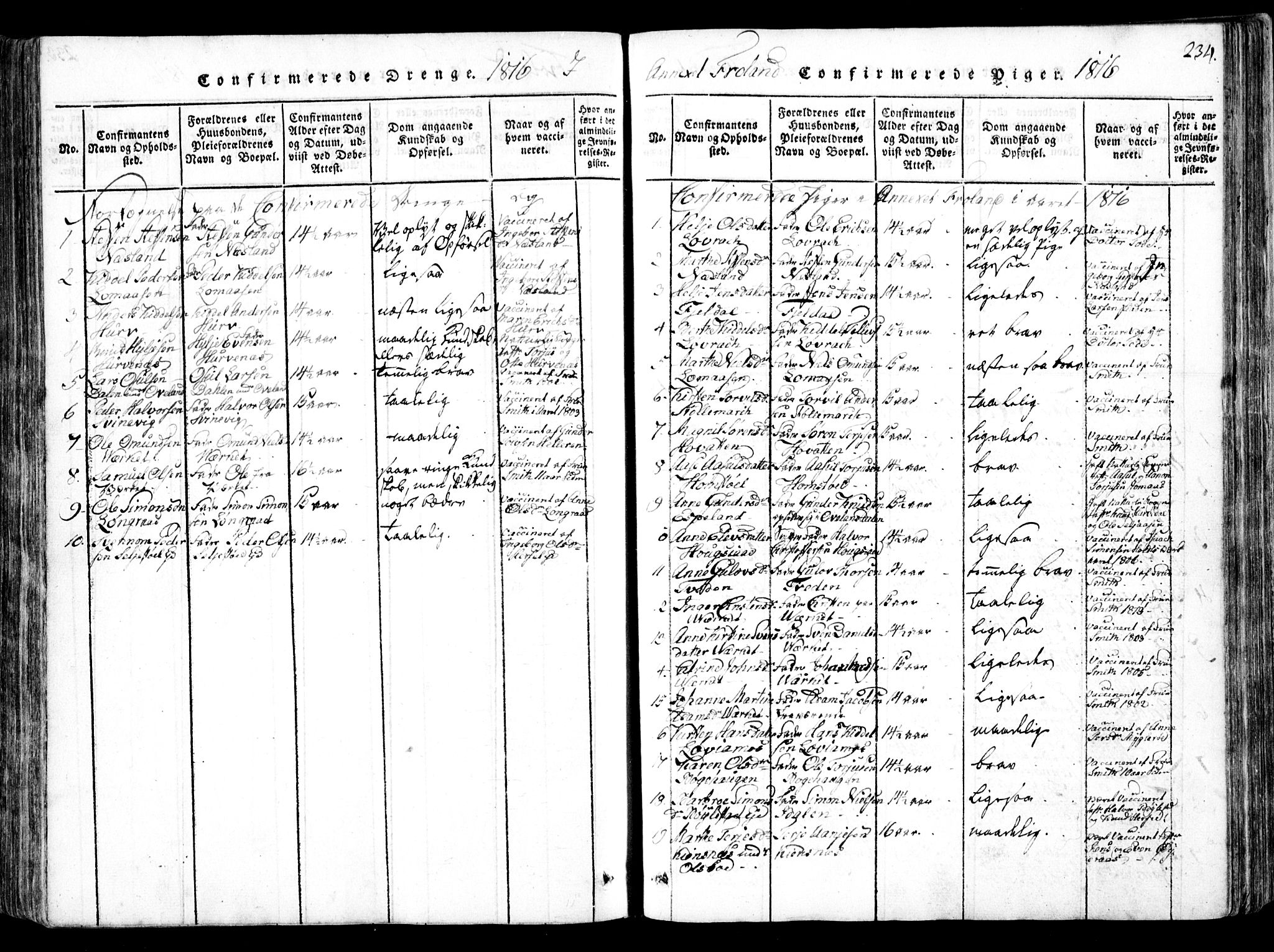 Fjære sokneprestkontor, SAK/1111-0011/F/Fb/L0007: Parish register (copy) no. B 7, 1816-1826, p. 234