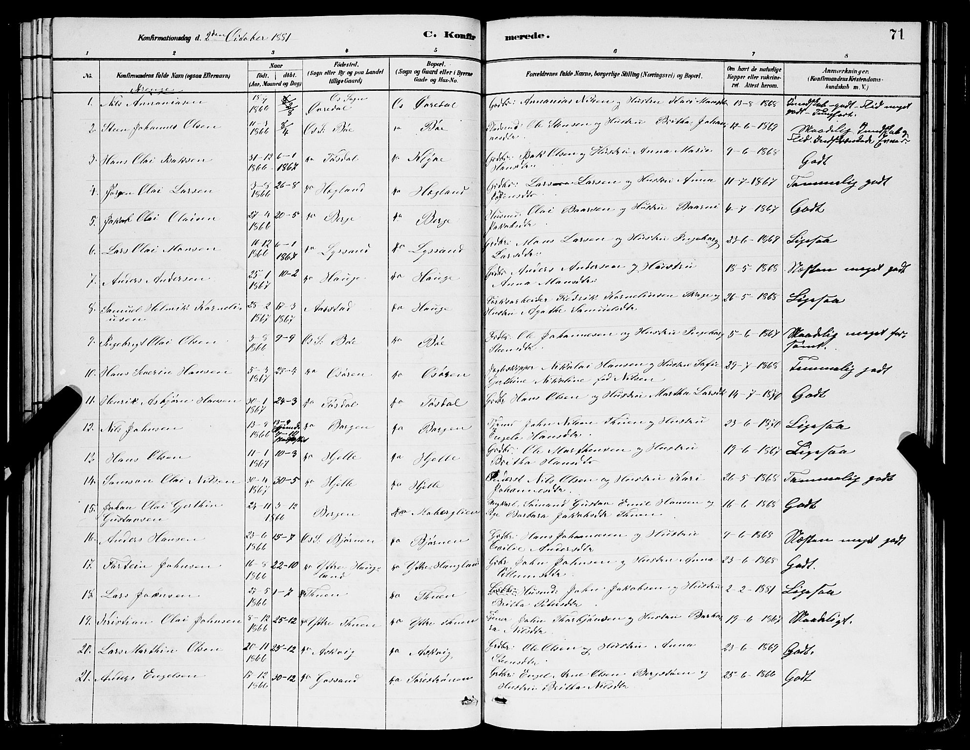 Os sokneprestembete, SAB/A-99929: Parish register (copy) no. A 2, 1880-1896, p. 71