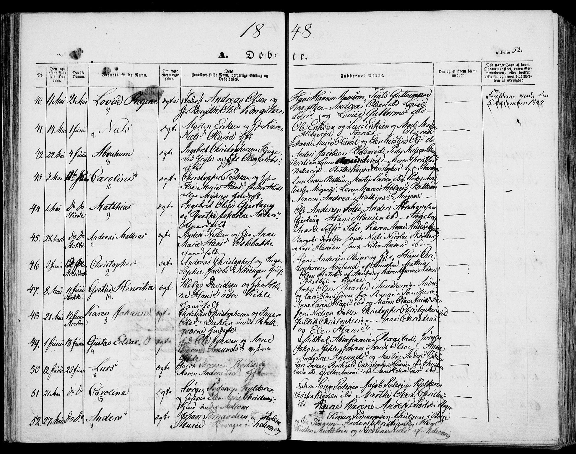 Stokke kirkebøker, AV/SAKO-A-320/F/Fa/L0007: Parish register (official) no. I 7, 1844-1857, p. 52