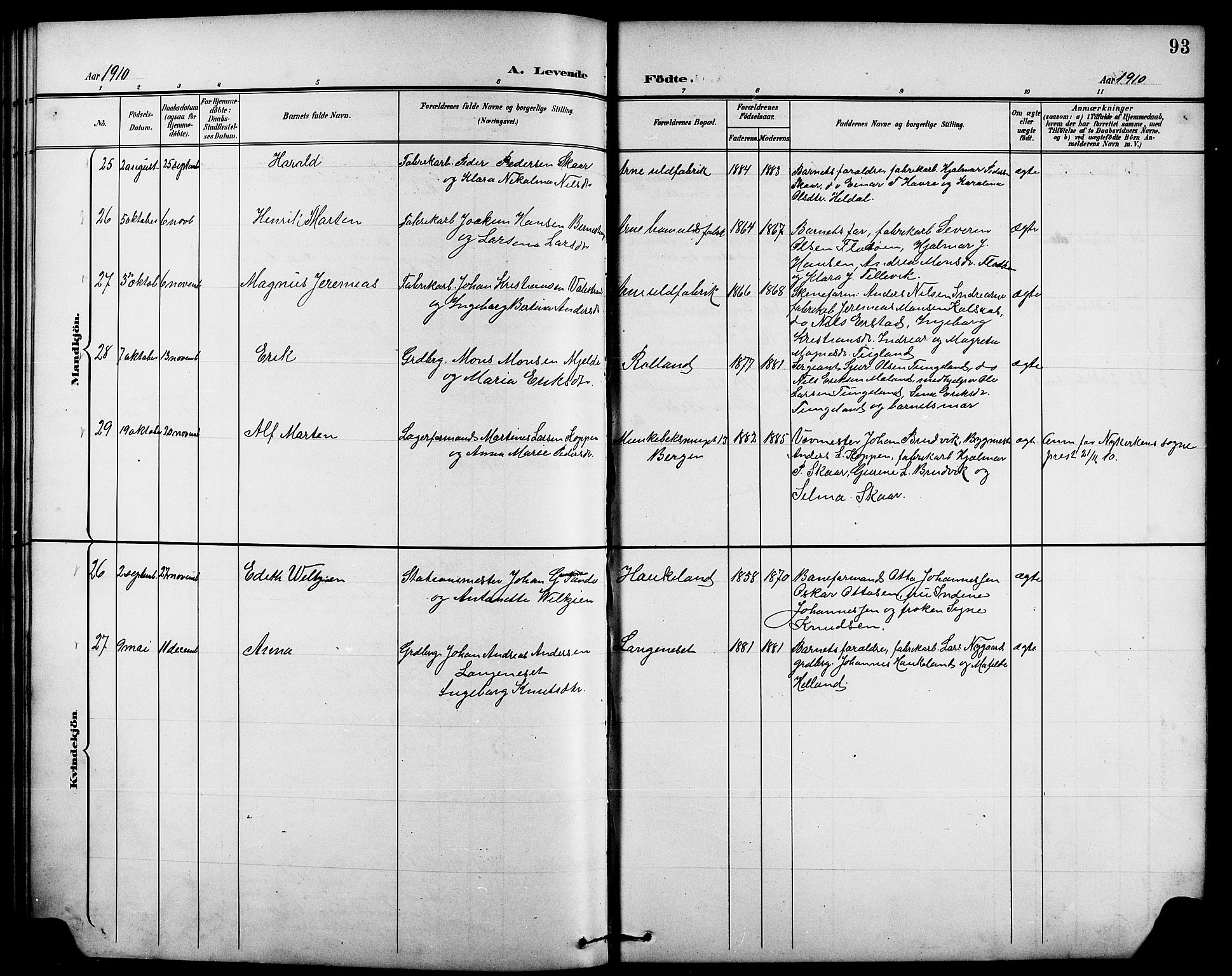 Arna Sokneprestembete, SAB/A-74001/H/Ha/Hab: Parish register (copy) no. A 4, 1898-1910, p. 93