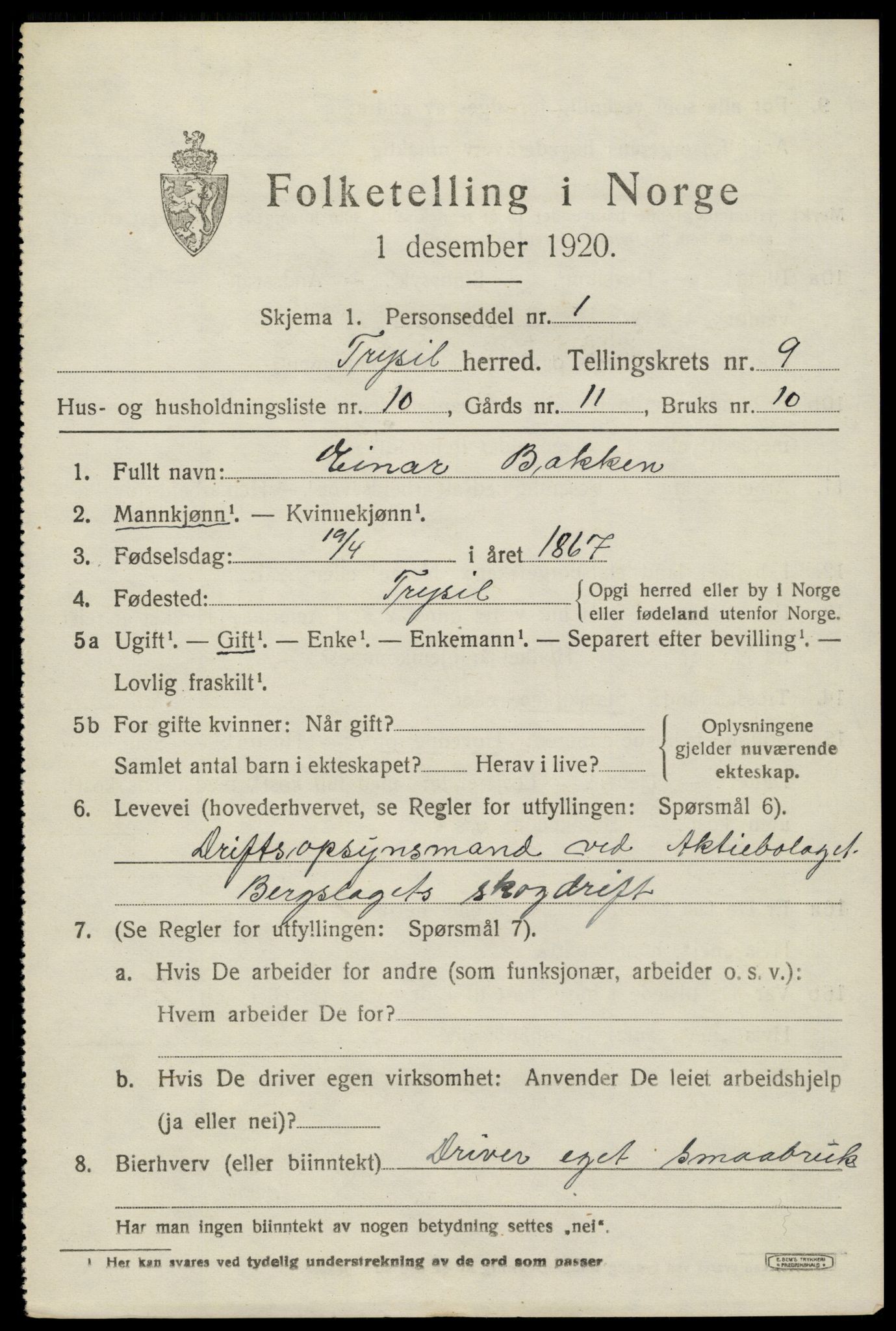 SAH, 1920 census for Trysil, 1920, p. 6663