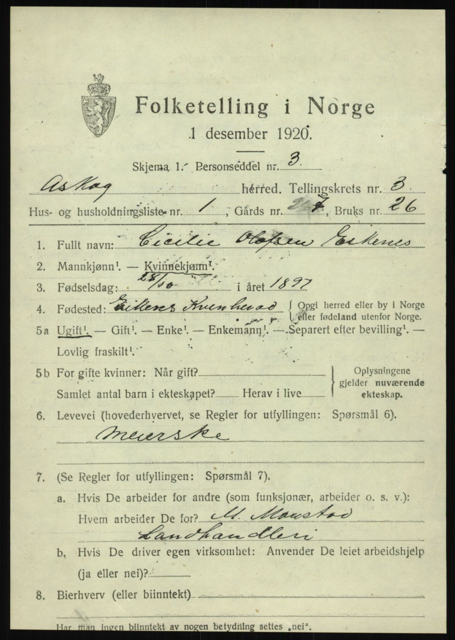 SAB, 1920 census for Askøy, 1920, p. 6374