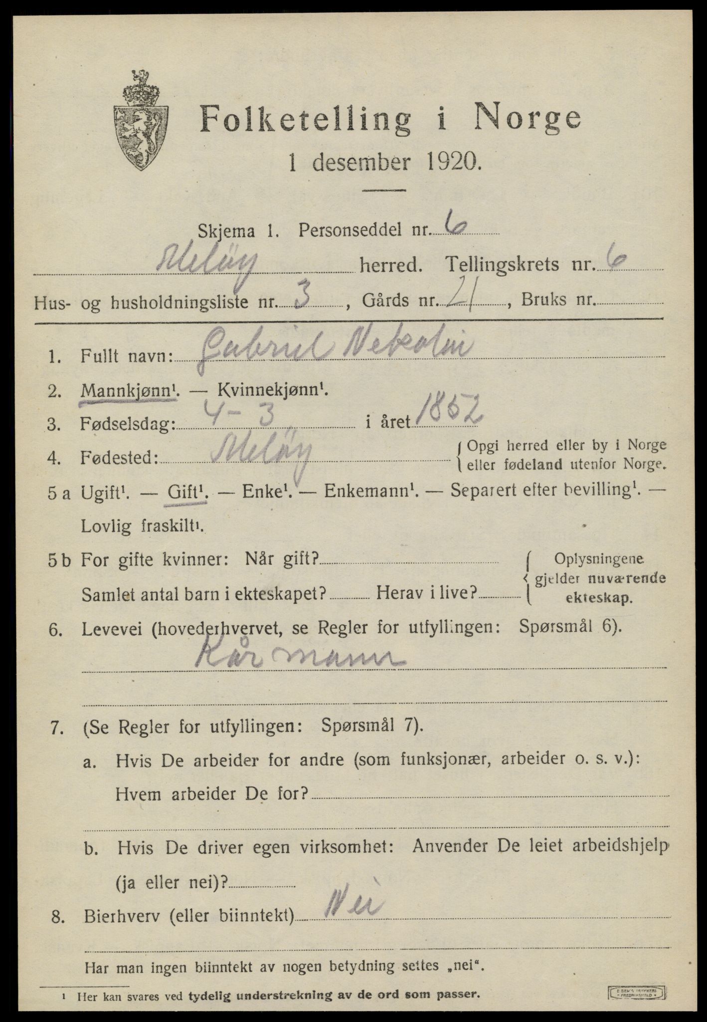 SAT, 1920 census for Meløy, 1920, p. 3431