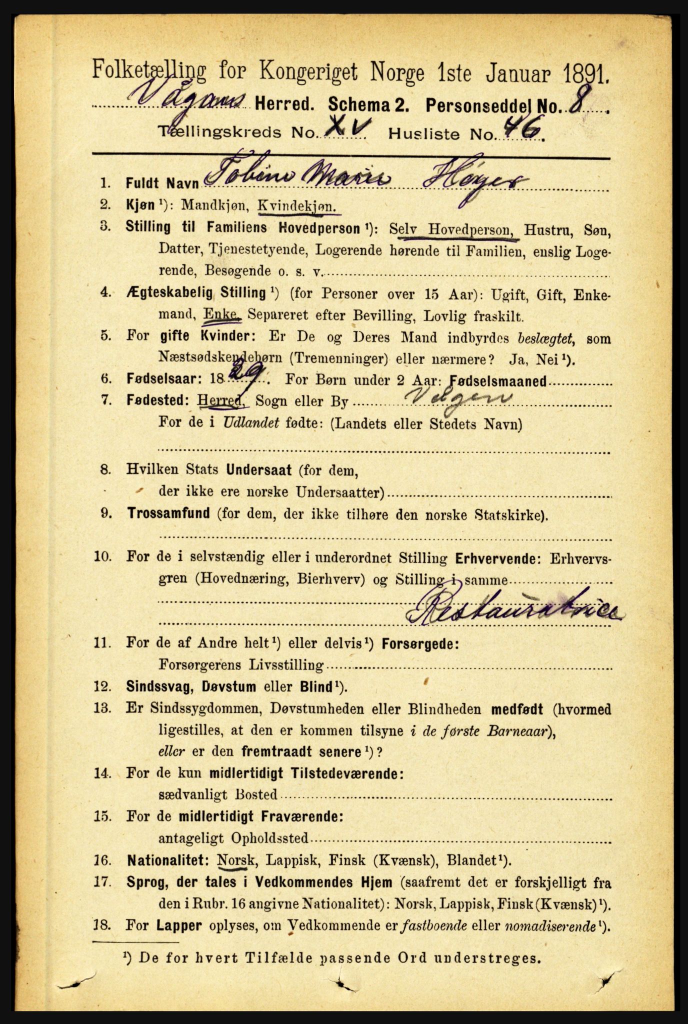 RA, 1891 census for 1865 Vågan, 1891, p. 4486