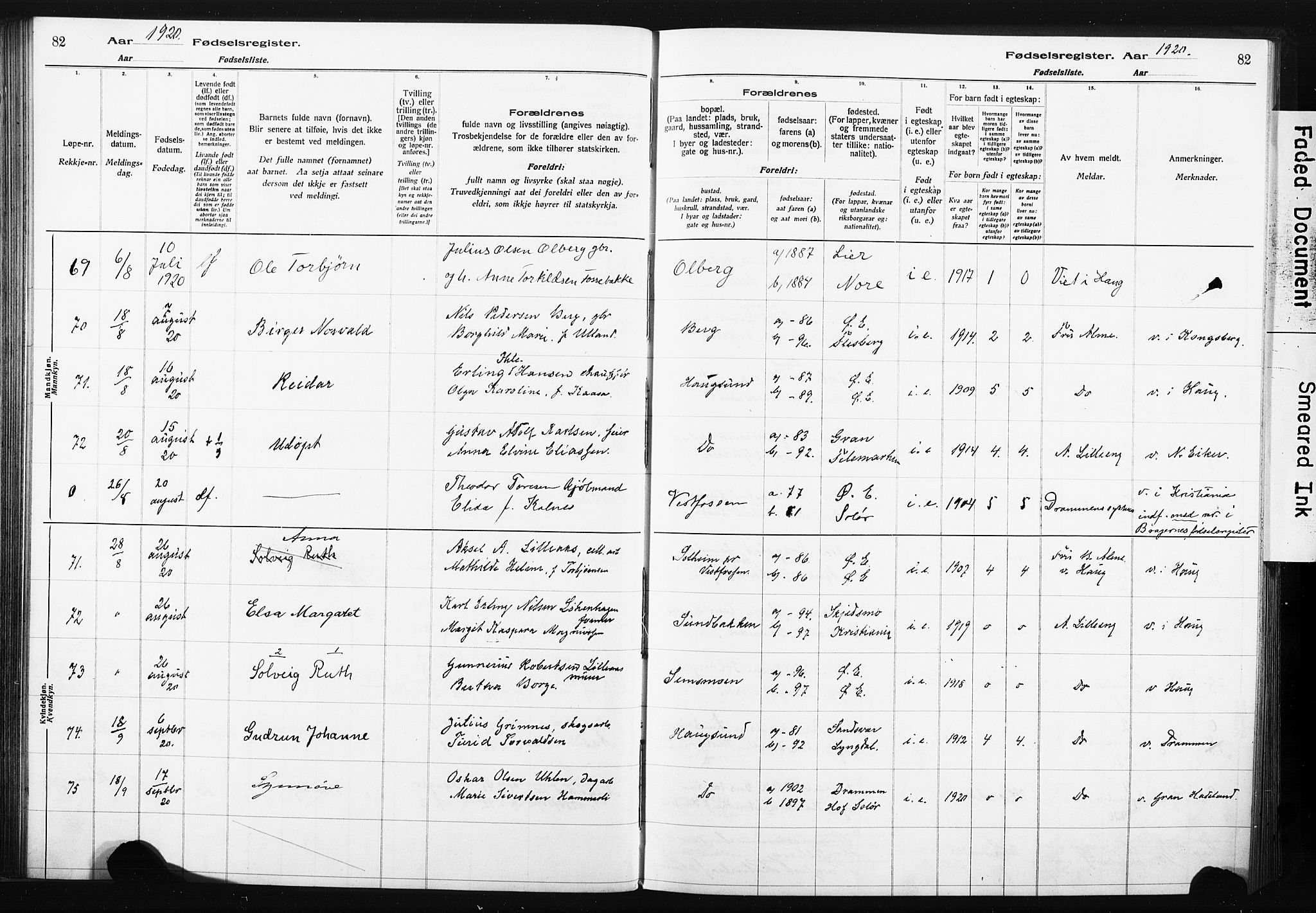 Eiker kirkebøker, AV/SAKO-A-4/J/Ja/L0001: Birth register no. I 1, 1916-1927, p. 82
