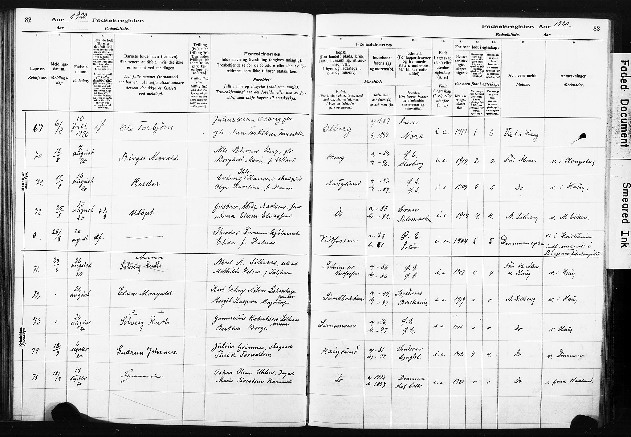 Eiker kirkebøker, AV/SAKO-A-4/J/Ja/L0001: Birth register no. 1, 1916-1927, p. 82