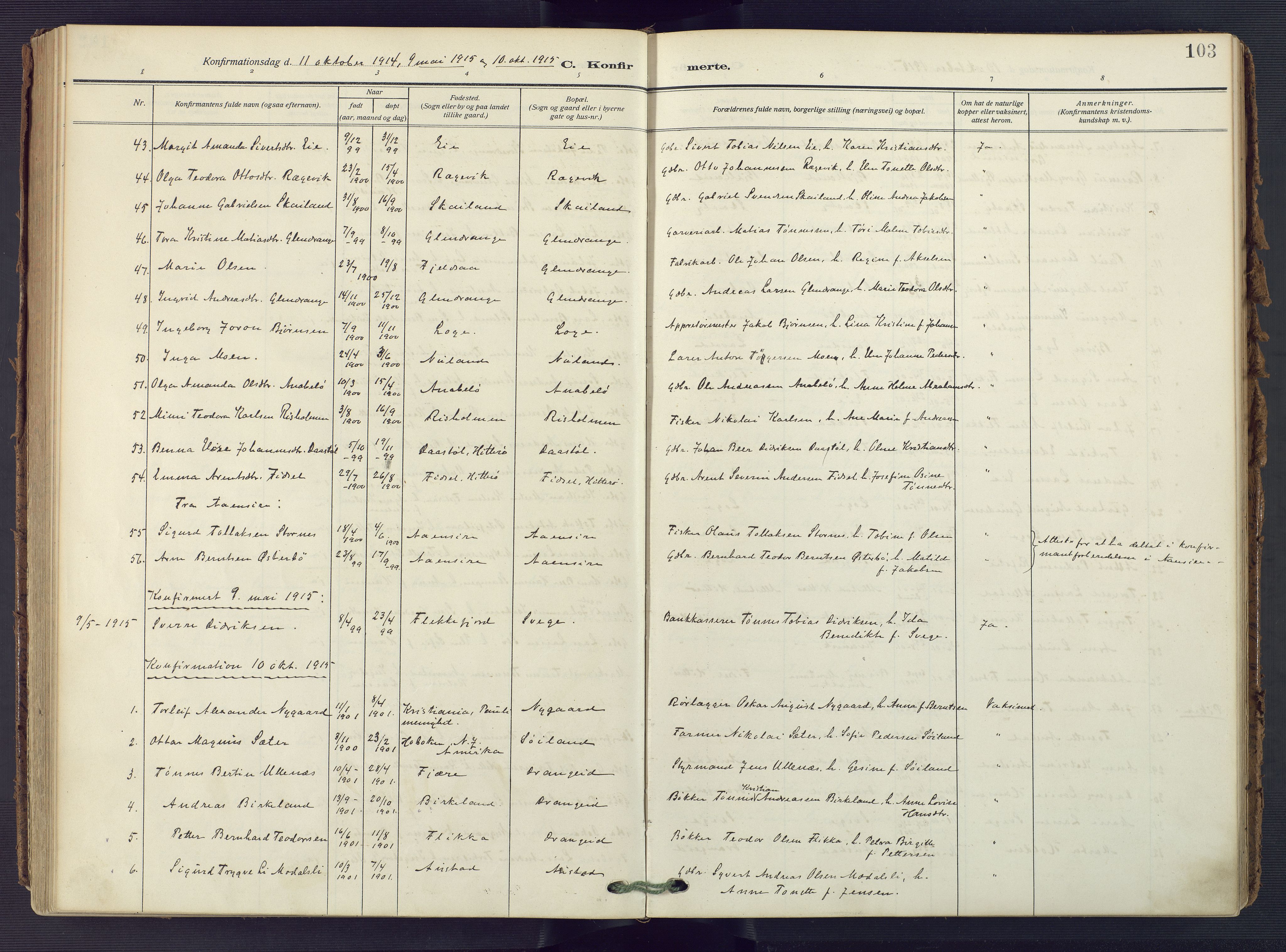 Flekkefjord sokneprestkontor, AV/SAK-1111-0012/F/Fa/Fac/L0010: Parish register (official) no. A 10, 1910-1927, p. 103