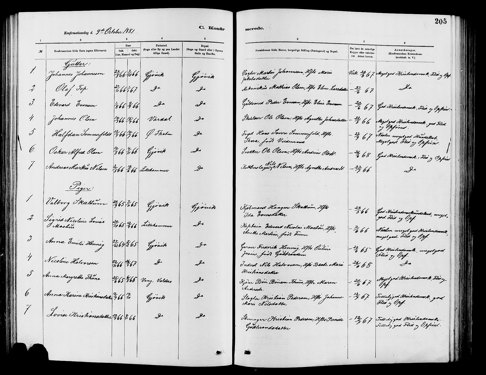 Vardal prestekontor, SAH/PREST-100/H/Ha/Hab/L0007: Parish register (copy) no. 7 /2, 1881-1895, p. 205