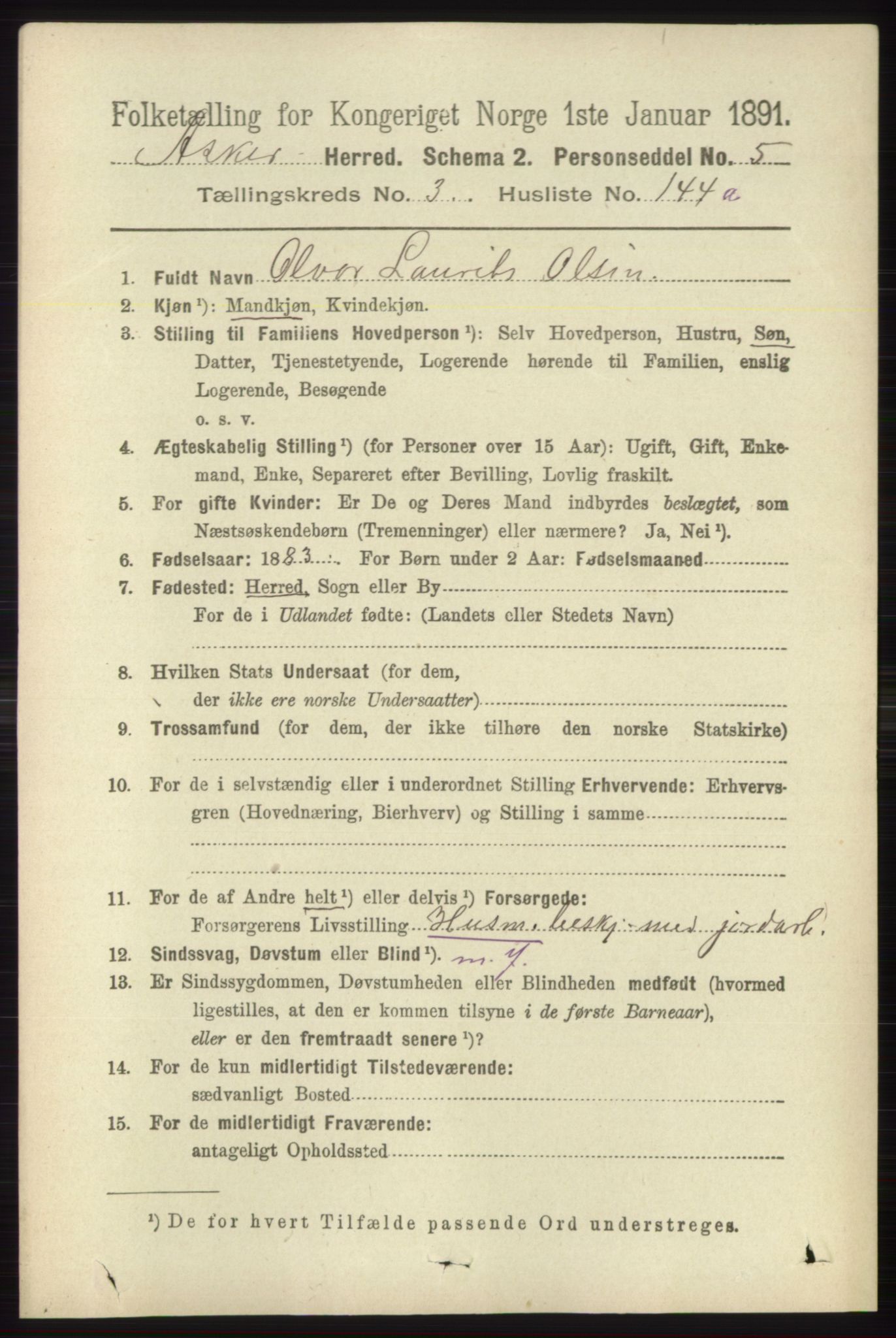 RA, 1891 census for 0220 Asker, 1891, p. 2825