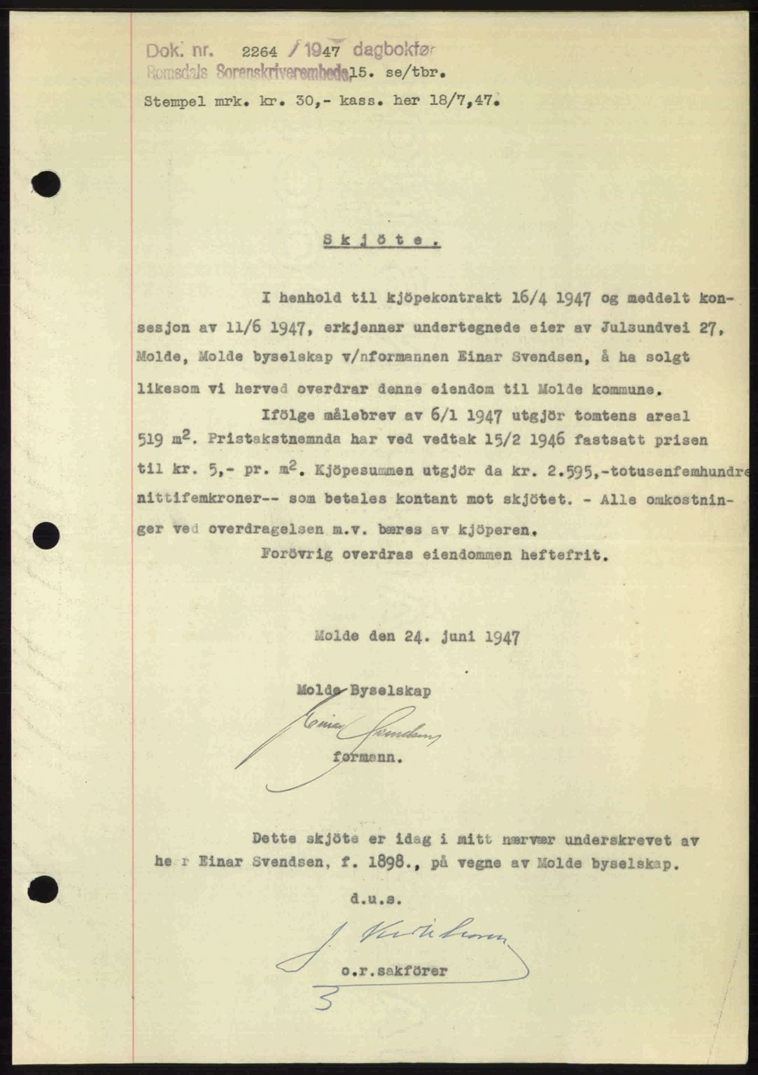 Romsdal sorenskriveri, SAT/A-4149/1/2/2C: Mortgage book no. A24, 1947-1947, Diary no: : 2264/1947