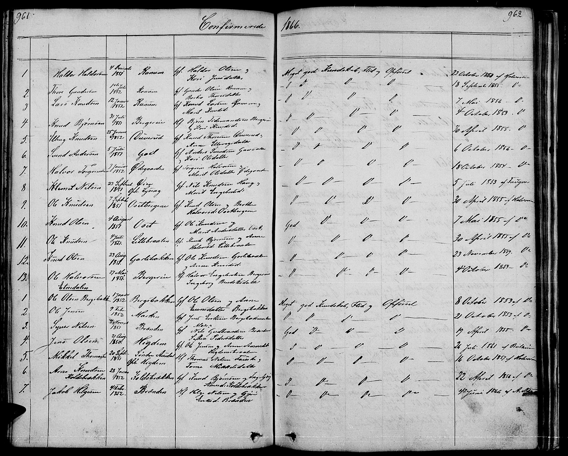Nord-Aurdal prestekontor, SAH/PREST-132/H/Ha/Hab/L0001: Parish register (copy) no. 1, 1834-1887, p. 961-962