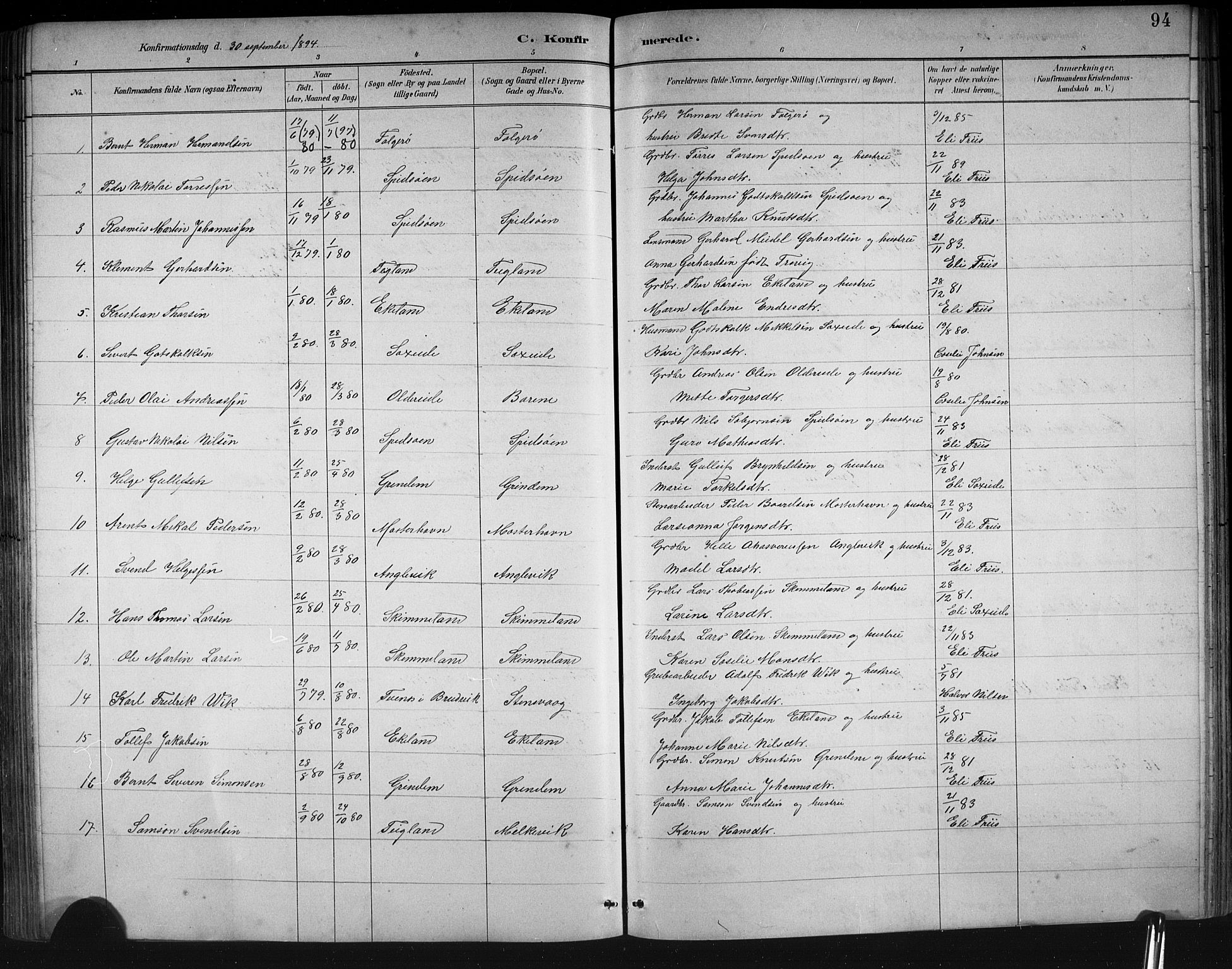 Finnås sokneprestembete, SAB/A-99925/H/Ha/Hab/Haba/L0003: Parish register (copy) no. A 3, 1883-1900, p. 94