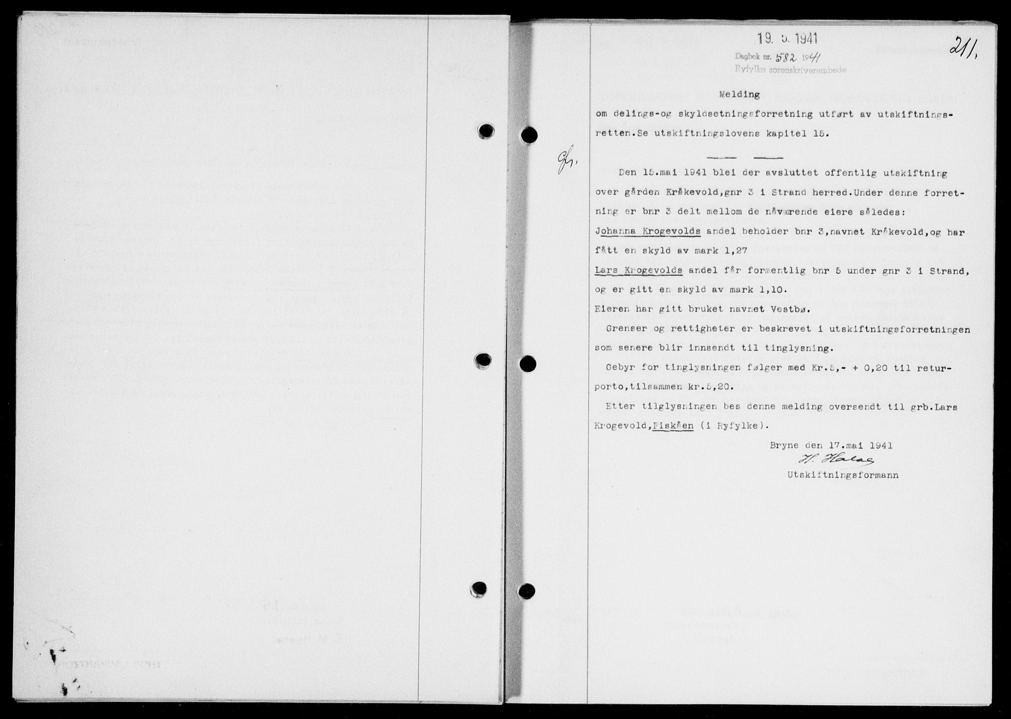 Ryfylke tingrett, SAST/A-100055/001/II/IIB/L0083: Mortgage book no. 62, 1941-1941, Diary no: : 582/1941